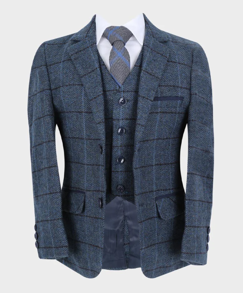 Boys Tailored Fit Herringbone Tweed Check Blue Suit - Blue - Image 4