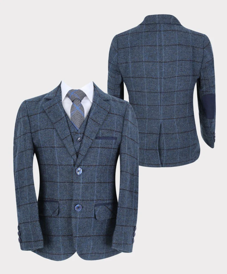 Boys Tailored Fit Herringbone Tweed Check Blue Suit - Blue - Image 5