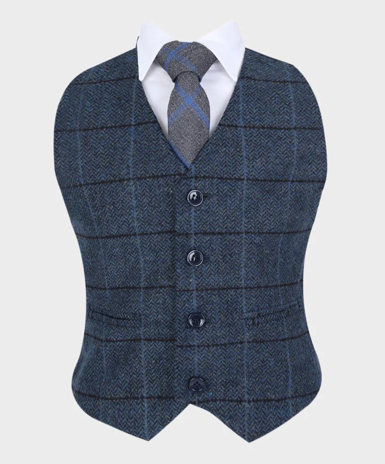 Boys Tailored Fit Herringbone Tweed Check Blue Suit - Blue - Image 6