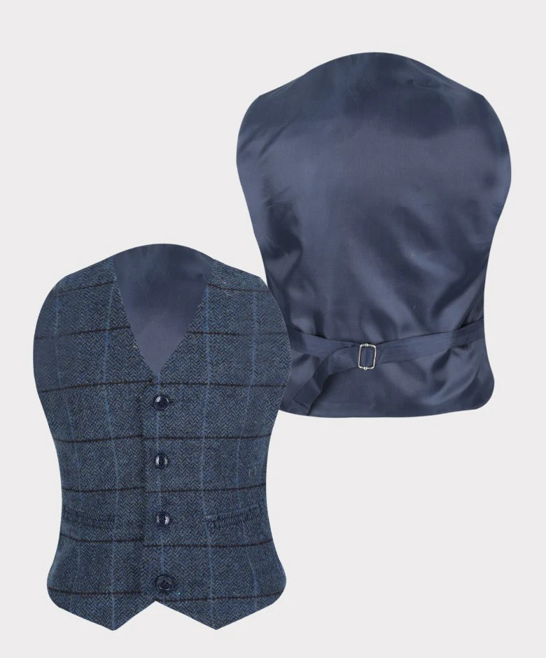 Boys Tailored Fit Herringbone Tweed Check Blue Suit - Blue - Image 7