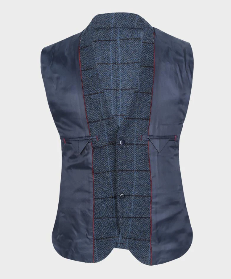 Boys Tailored Fit Herringbone Tweed Check Blue Suit - Blue - Image 9