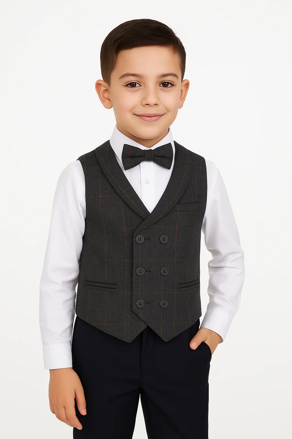 Boys Tailored Fit Herringbone Tweed Check Waistcoat Set - Dark Grey