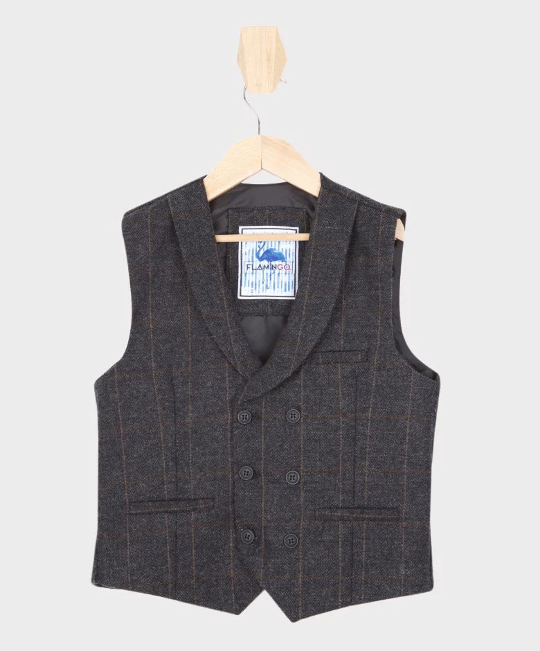 Boys Tailored Fit Herringbone Tweed Check Waistcoat Set - Dark Grey - Image 6