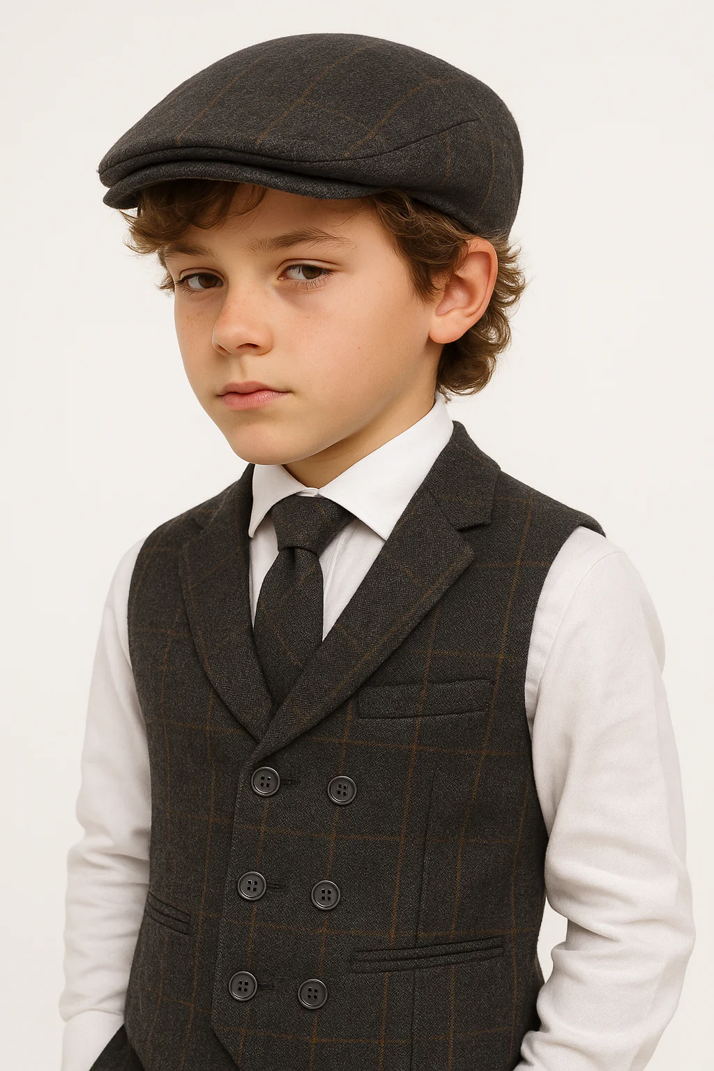Boys Tailored Fit Herringbone Tweed Check Waistcoat Set - Dark Grey - Image 8