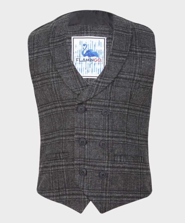 Boys Tailored Fit Herringbone Tweed Check Waistcoat Set - Grey - Image 5