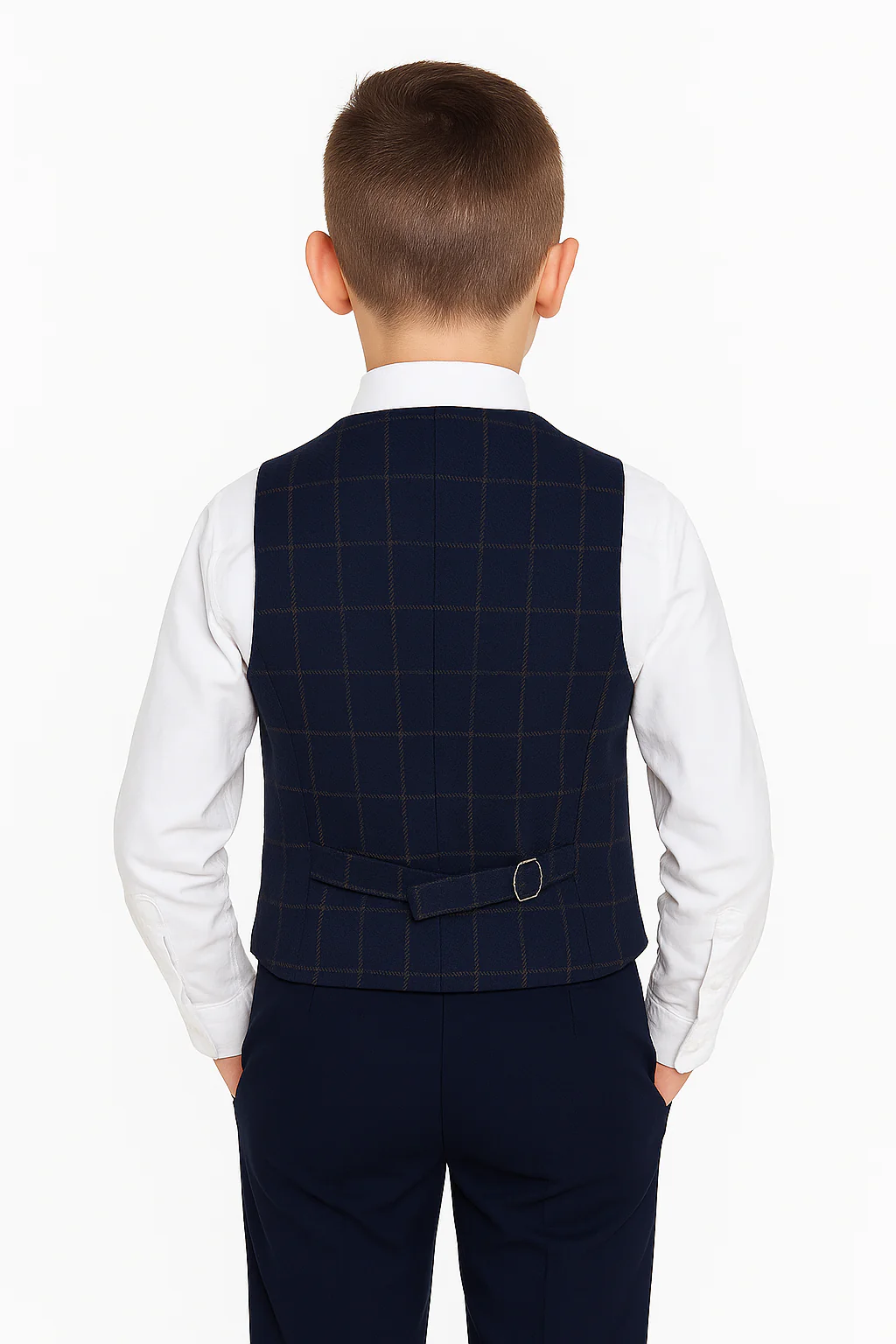 Boys Tailored Fit  Herringbone Tweed Check Waistcoat Set - Navy Blue - Image 2
