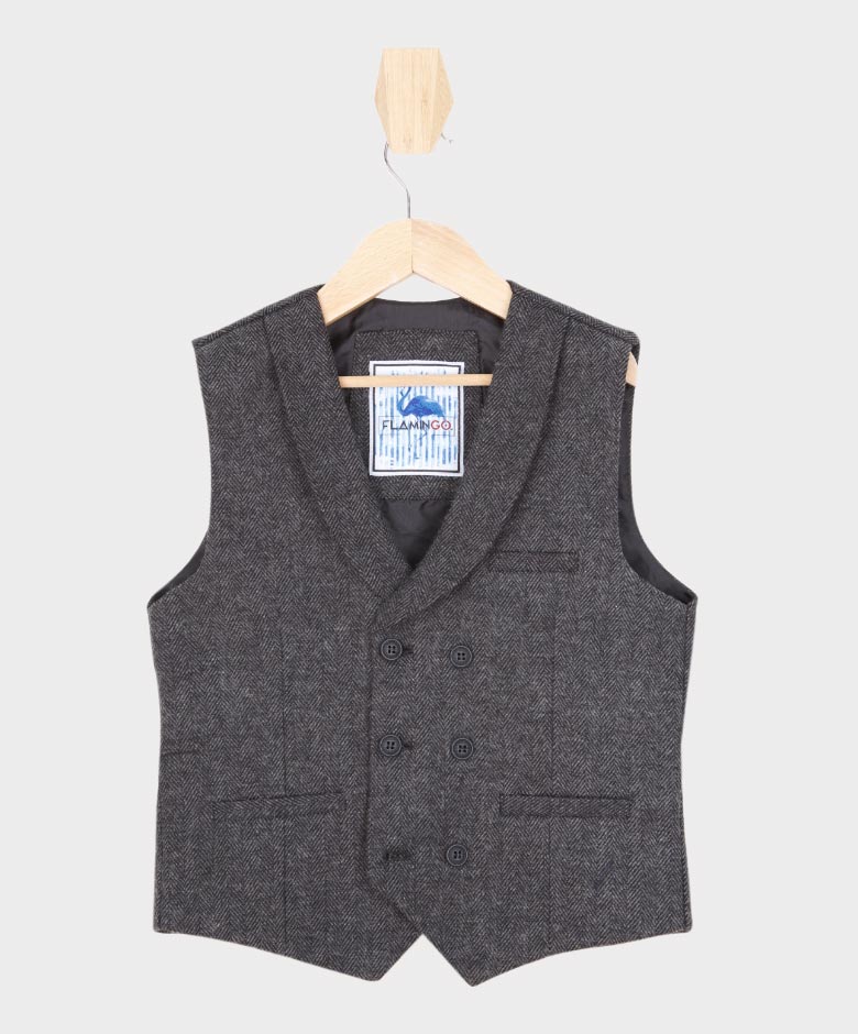 Boys Tailored Fit  Herringbone Tweed  Waistcoat Set - Charcoal Grey - Image 5