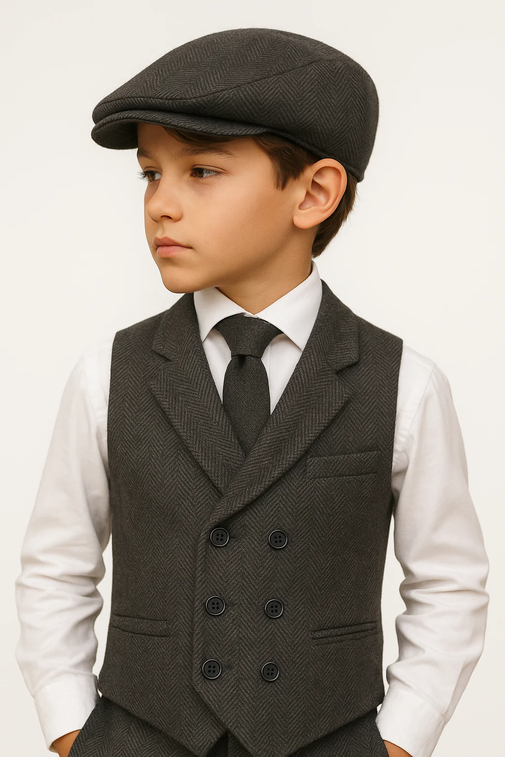 Boys Tailored Fit  Herringbone Tweed  Waistcoat Set - Charcoal Grey - Image 7
