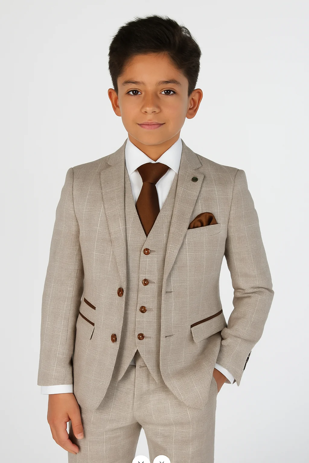 Boys’ Tailored Fit Tweed Check Suit – LEO - Beige