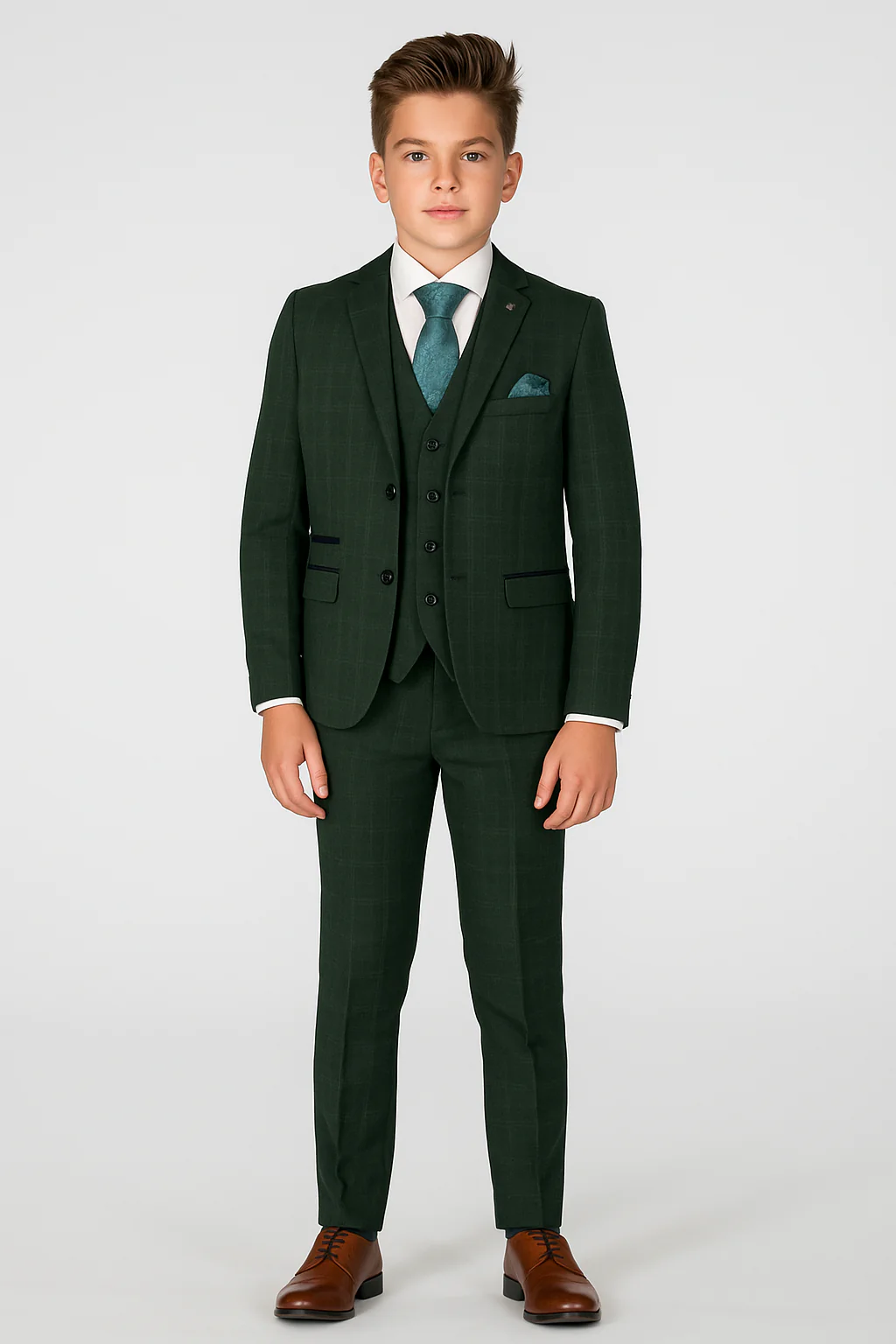 Boys’ Tailored Fit Tweed Check Suit – LEO - Green - Image 2