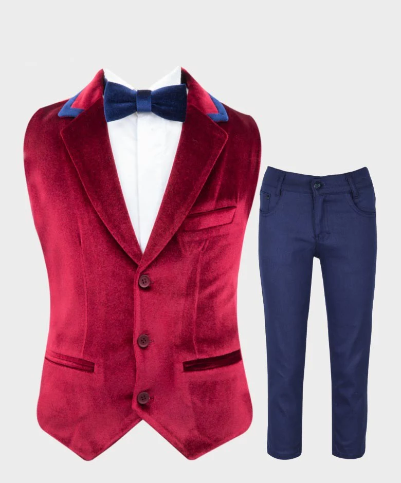 Boys Tailored Fit Velvet Blazer with Elbow Patches - Claret Red - Image 6
