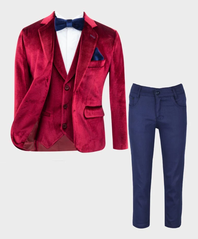 Boys Tailored Fit Velvet Blazer with Elbow Patches - Claret Red - Image 7
