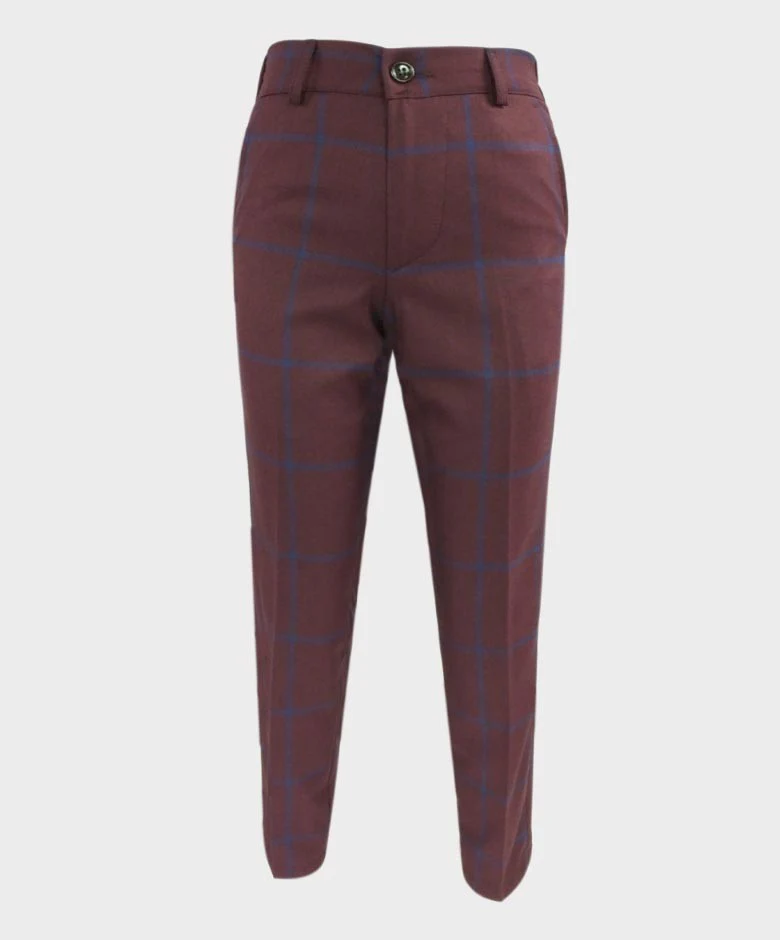 Boys 6 Piece Tailored Fit Windowpane Check Suit - Burgundy - Image 6