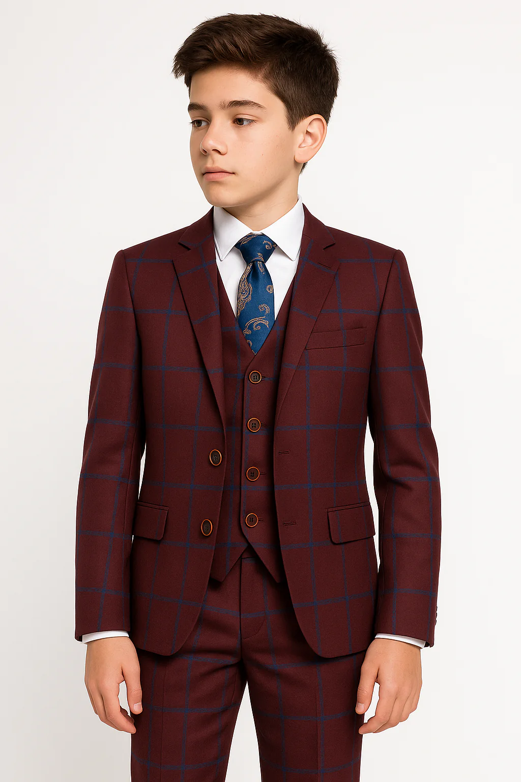 Boys 3 Piece Tailored Fit Windowpane Check Suit - DOMINIC - Burgundy - Blue