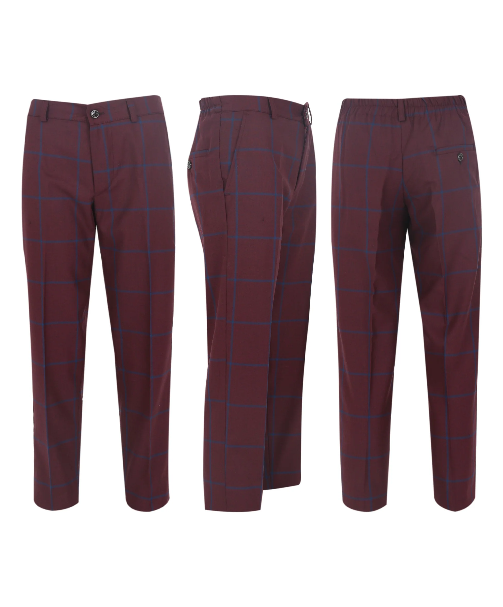 Boys 3 Piece Tailored Fit Windowpane Check Suit - DOMINIC - Burgundy - Blue - Image 11