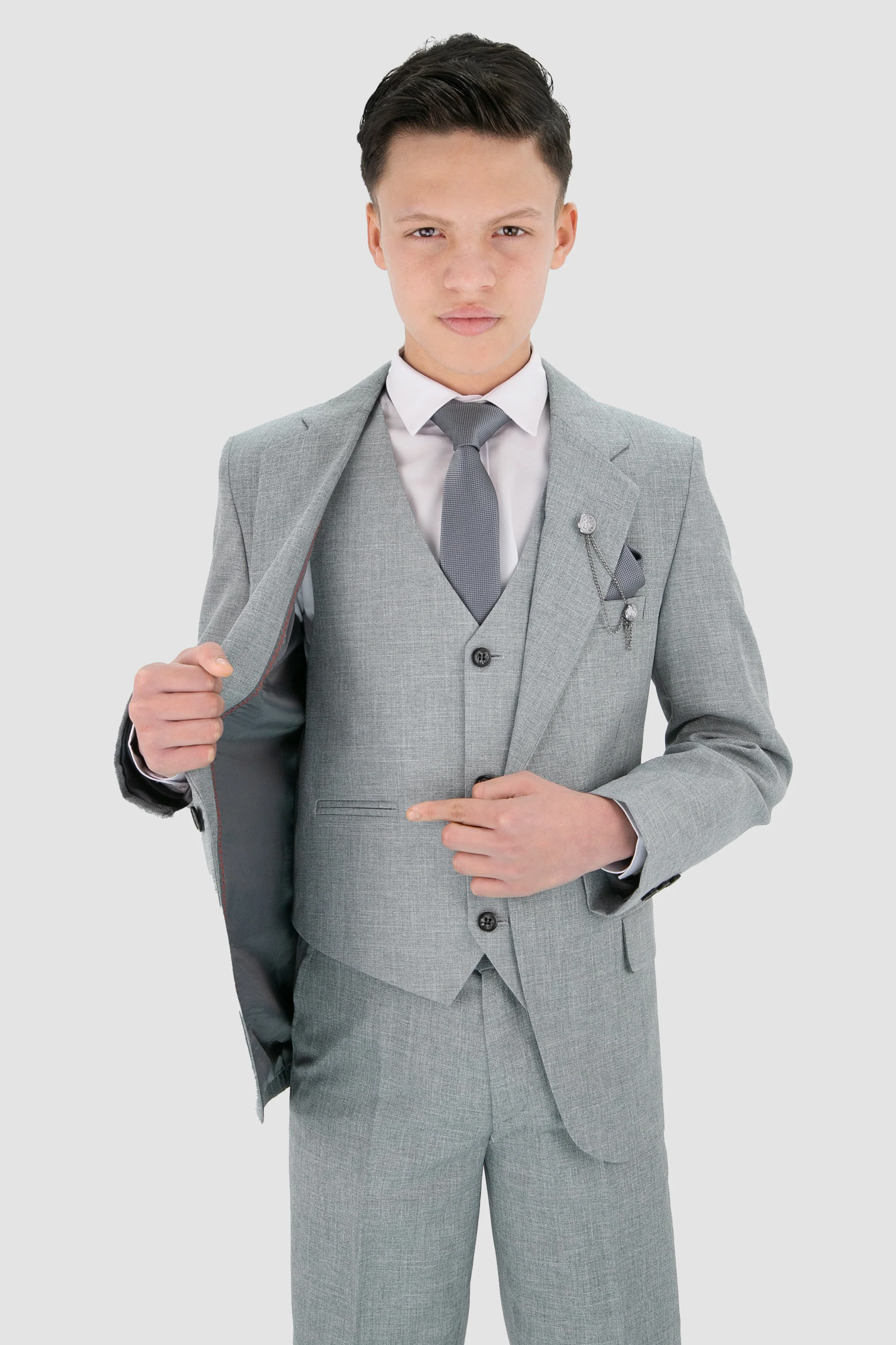 Boys Slim Fit Textured 8-Piece Formal Suit Set - Slate Grey - Image 4