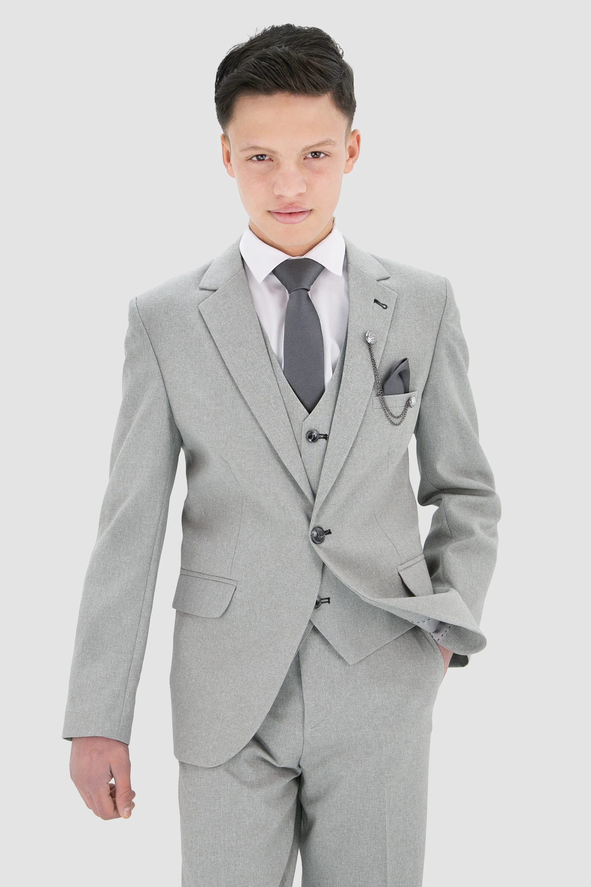 Boys Slim Fit Textured 8-Piece Formal Suit Set - Light Grey
