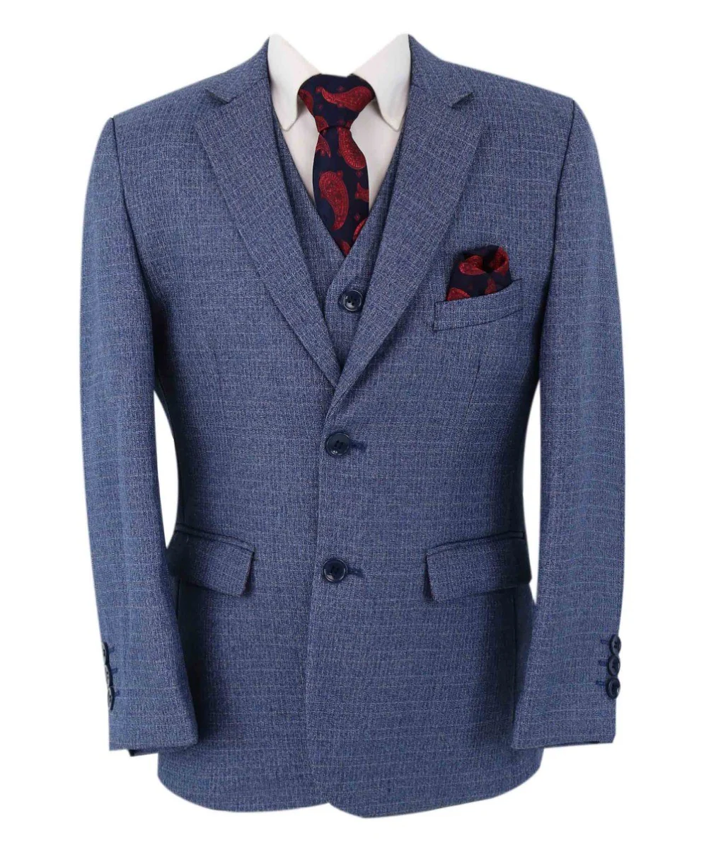 Boys Textured Tailored Fit Blue Suit - LONDON - Mid-Denim Blue - Image 4