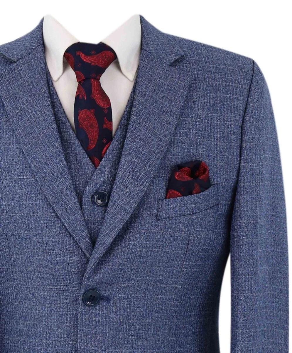 Boys Textured Tailored Fit Blue Suit - LONDON - Mid-Denim Blue - Image 5