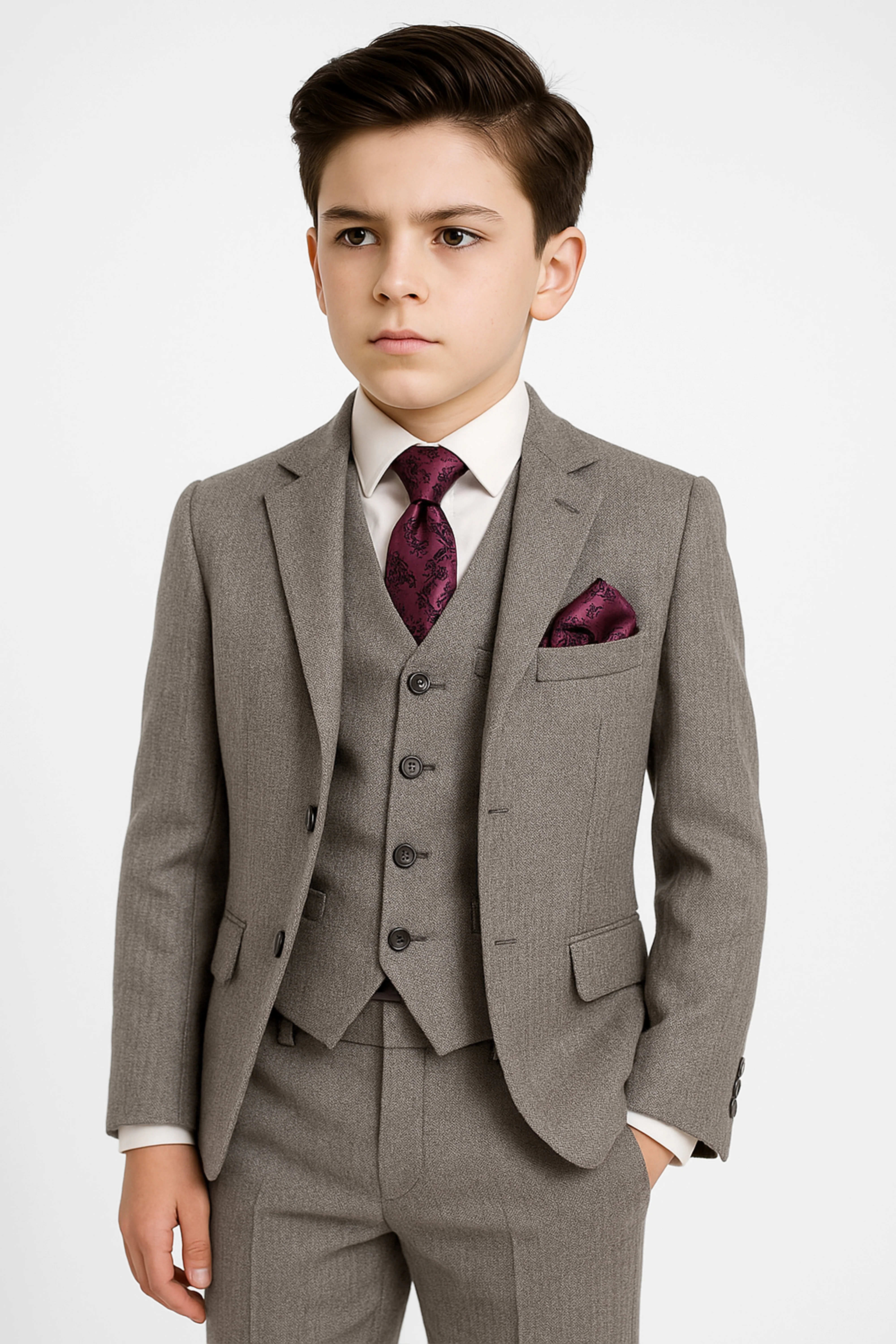 Boys Tailored Fit Textured Suit - ADRIAN - Dark Beige