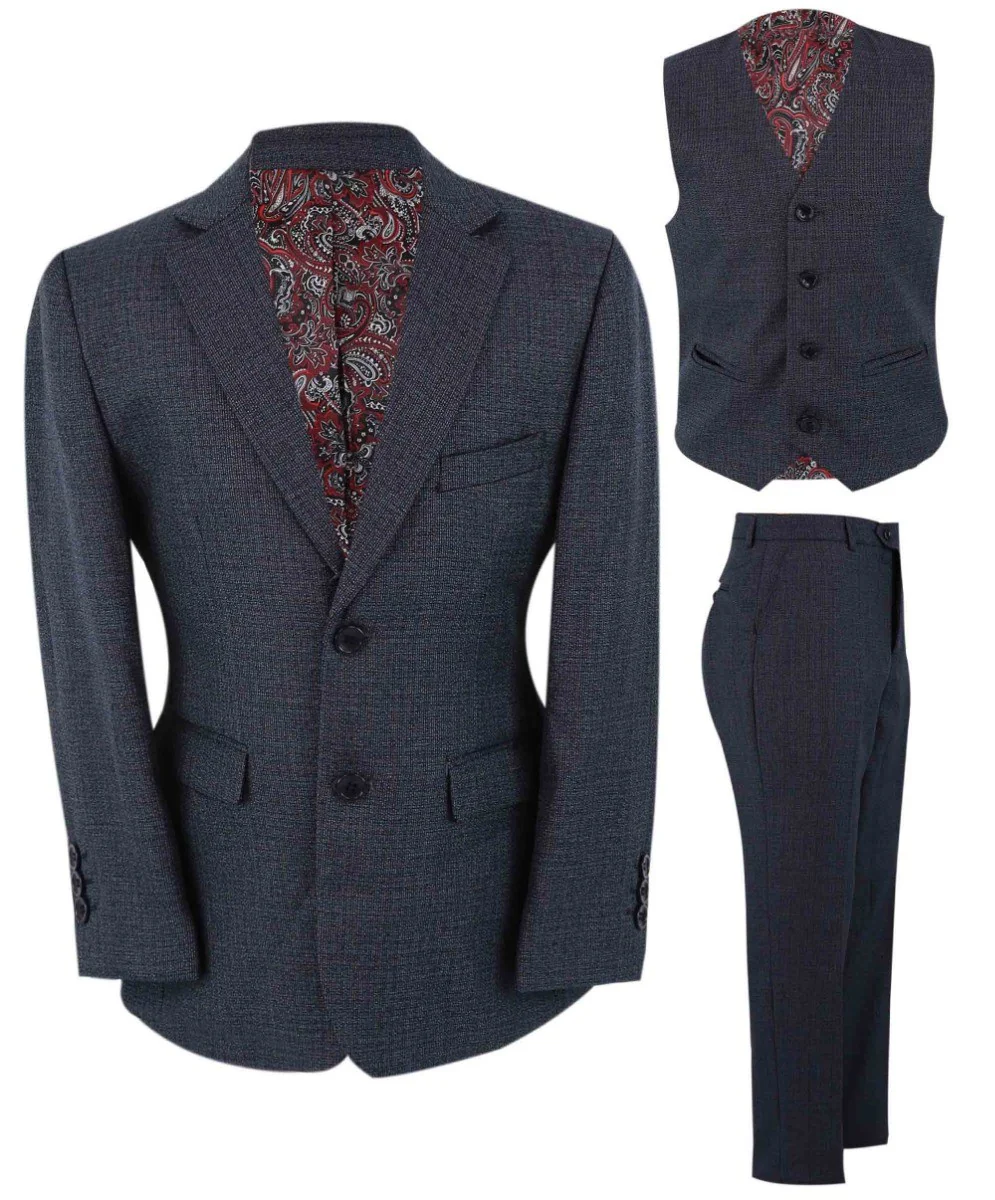 Boys Tailored Fit Textured Suit - ELI- Navy Blue - Image 3