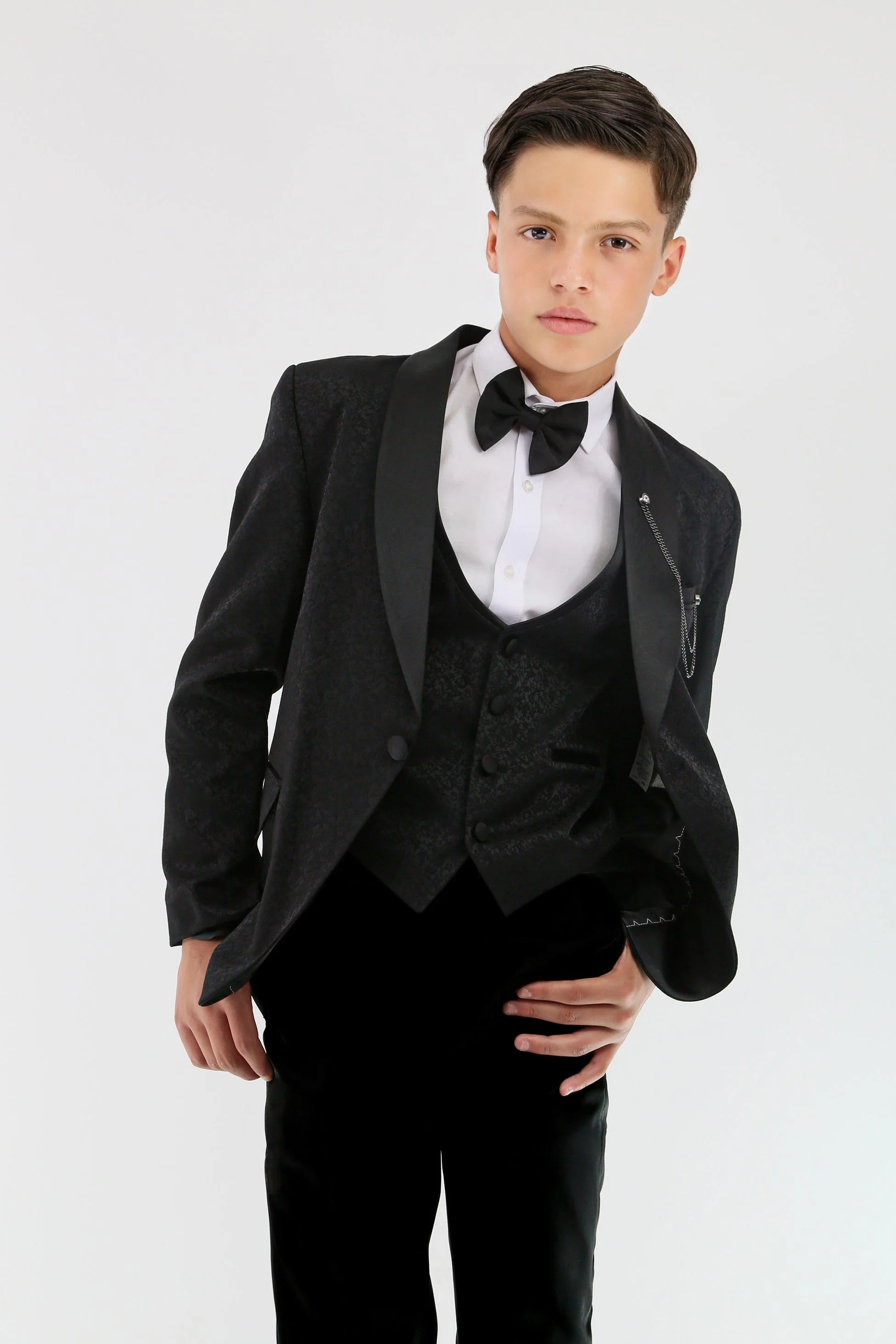 Boys Tuxedo Floral Patterned Dinner Suit 7 PC Set - Black - Image 5