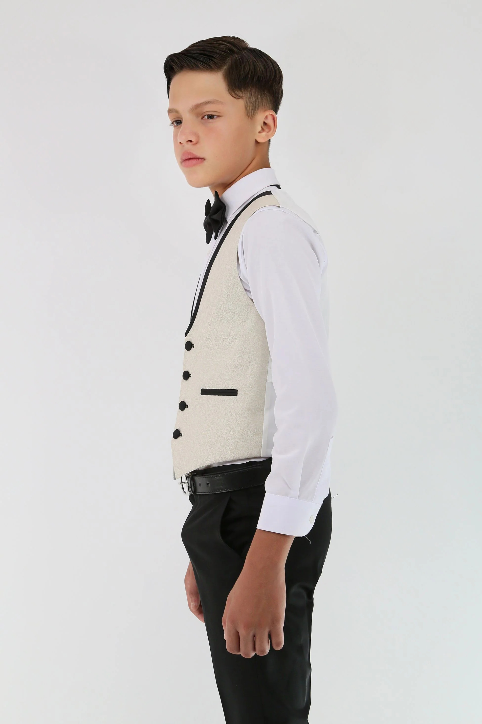 Boys Tuxedo Floral Patterned Dinner Suit 7 PC Set - Ivory - Image 9