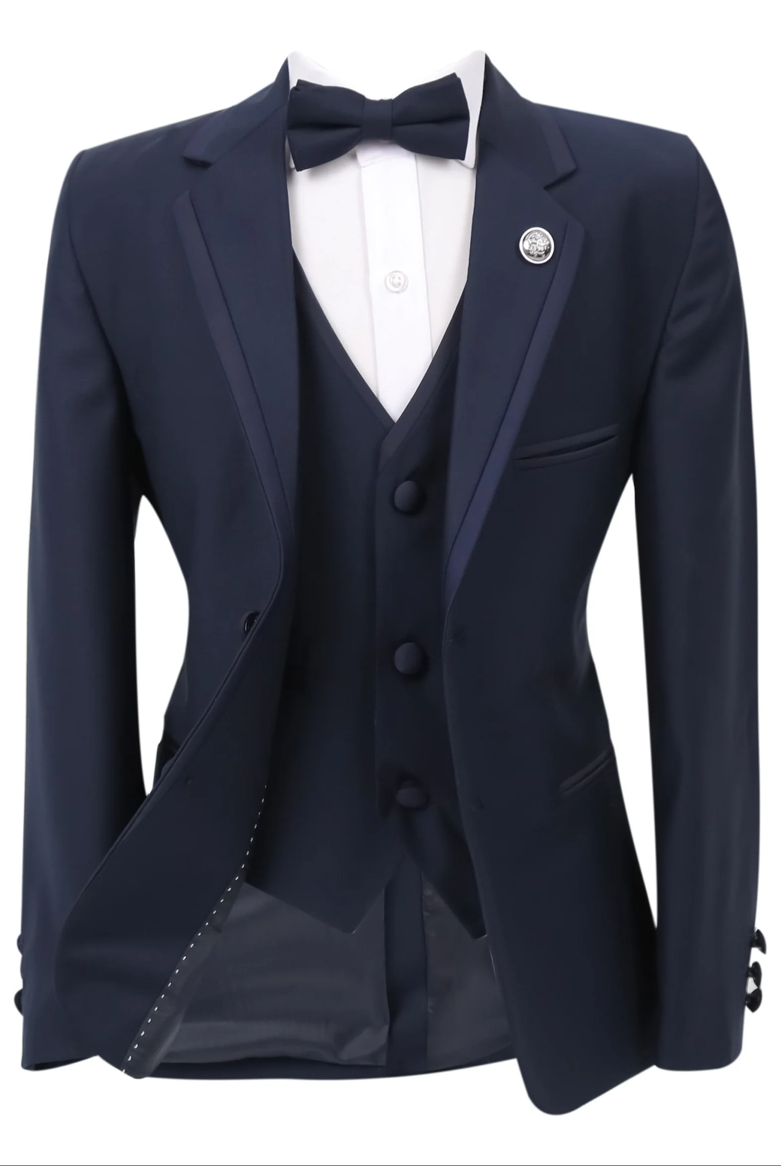 Boys Slim Fit  Piping Tuxedo Dinner Suit Set - Navy Blue - Image 4