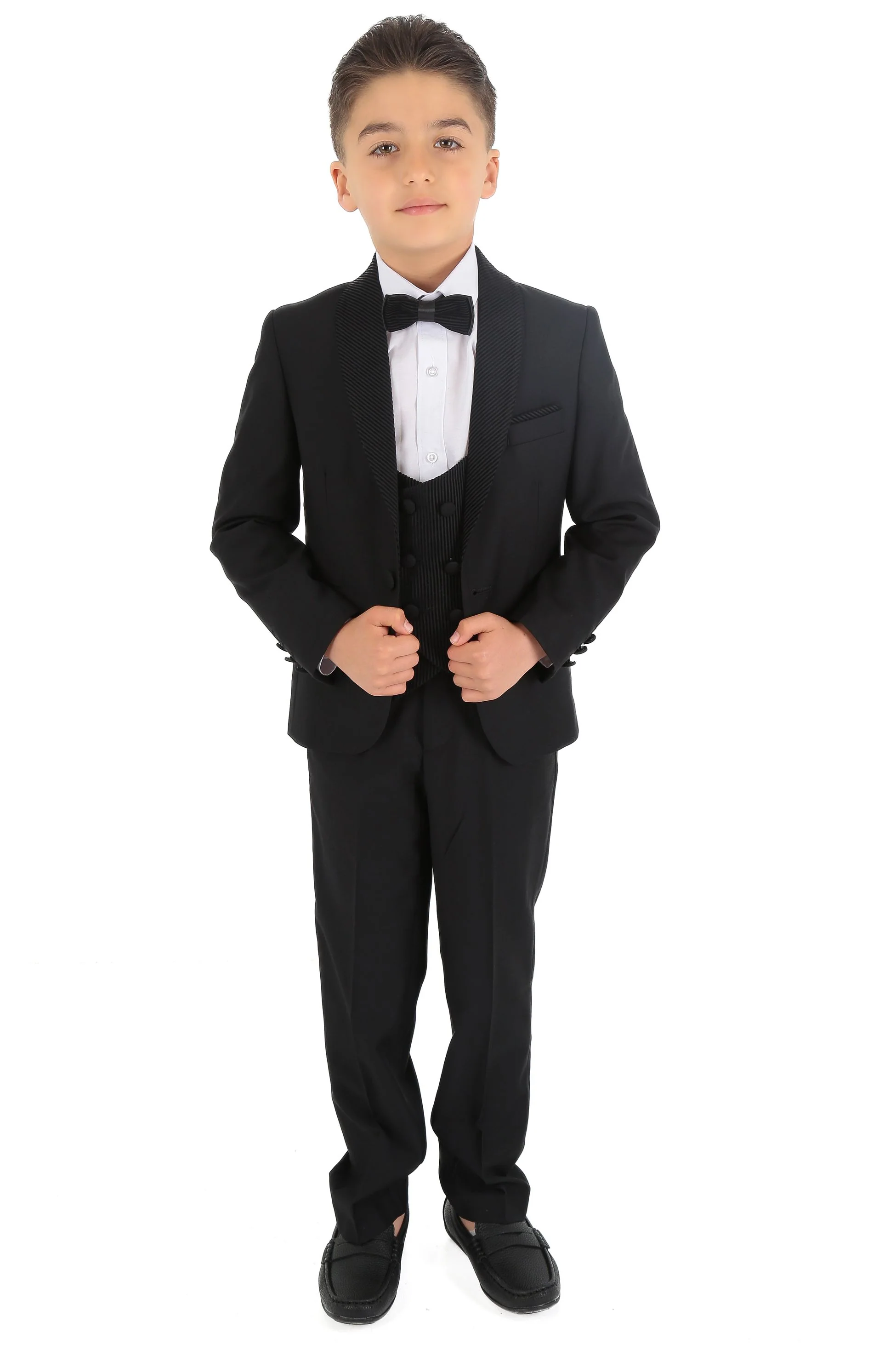 Boys Tuxedo Suit - Corduroy Velvet Waistcoat & shawl lapel - Black - Image 2