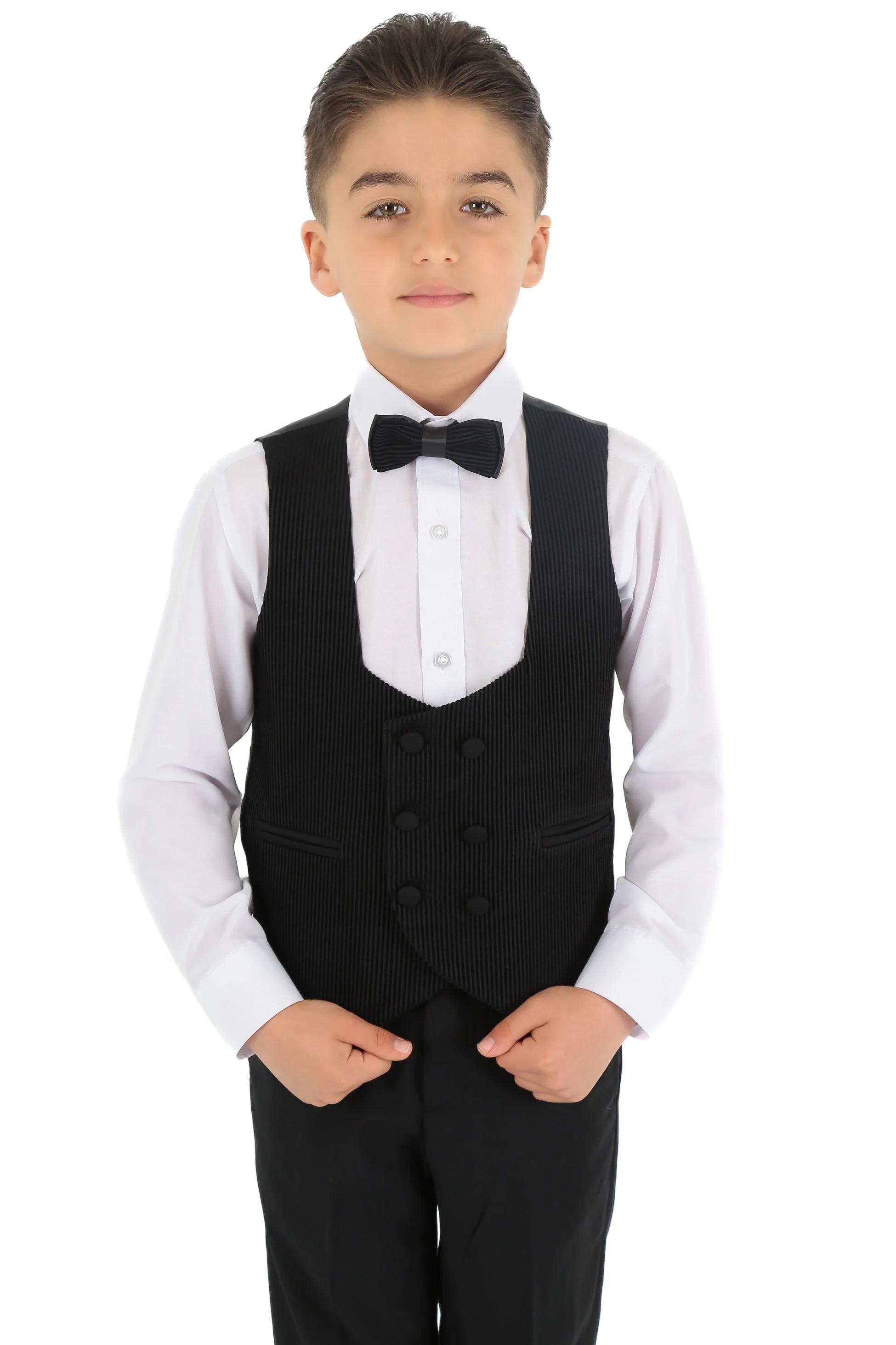 Boys Tuxedo Suit - Corduroy Velvet Waistcoat & shawl lapel - Black - Image 6