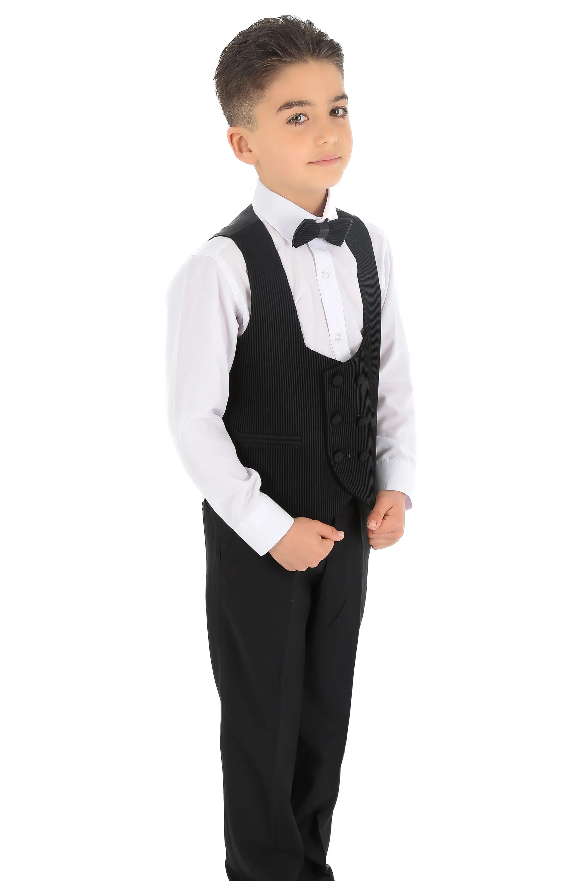 Boys Tuxedo Suit - Corduroy Velvet Waistcoat & shawl lapel - Black - Image 7