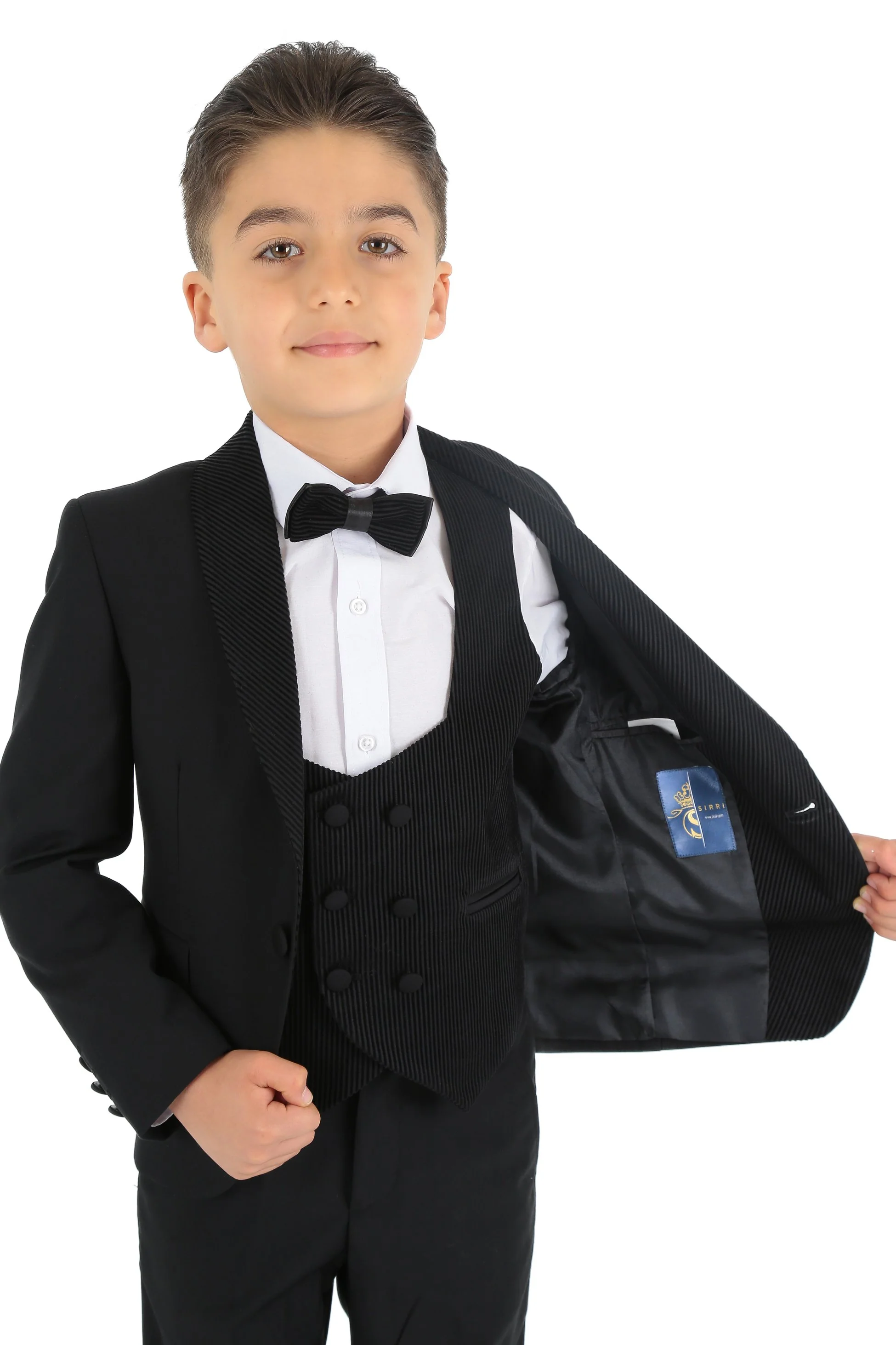 Boys Tuxedo Suit - Corduroy Velvet Waistcoat & shawl lapel - Black - Image 9