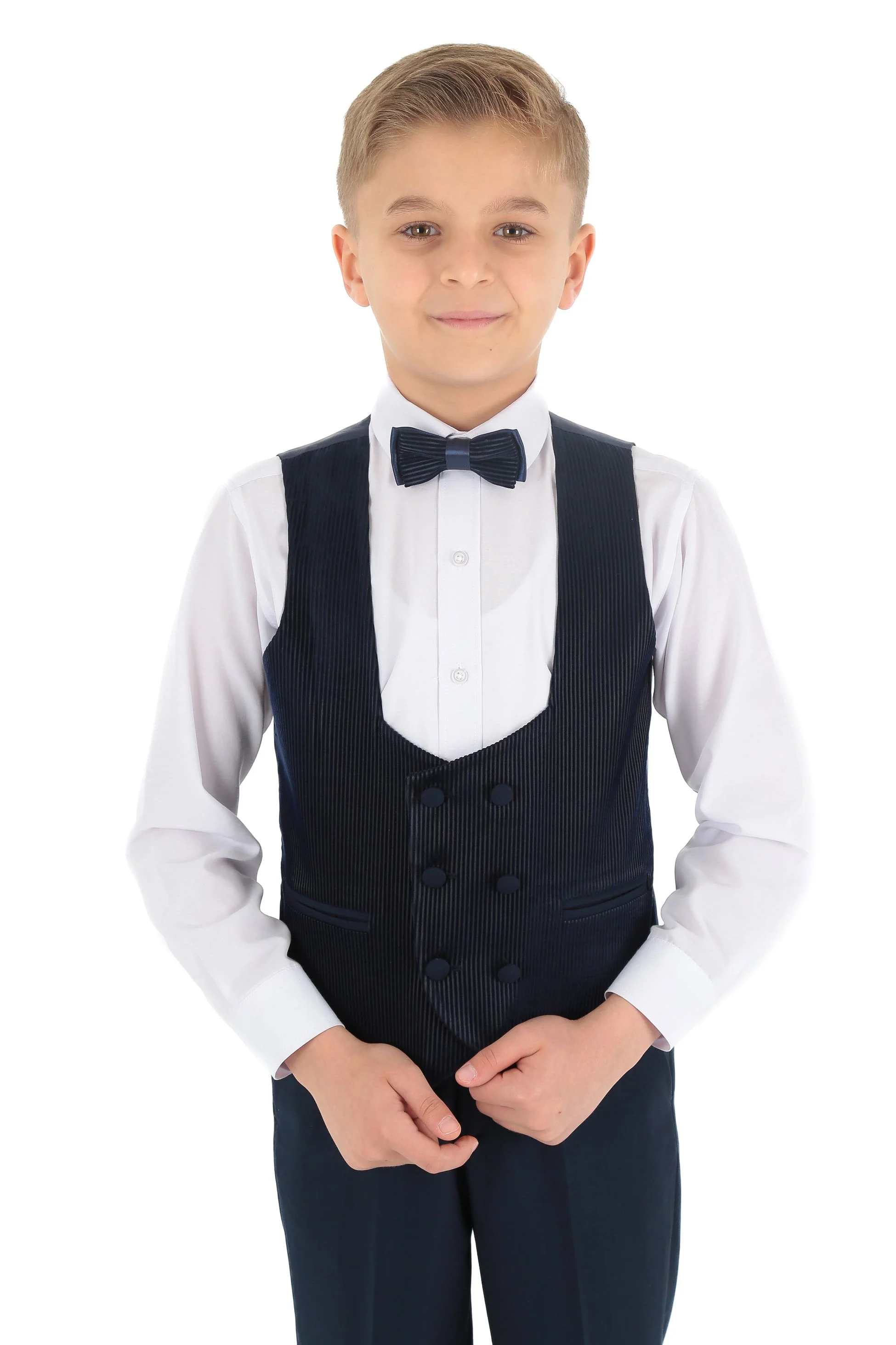 Boys Tuxedo Suit - Corduroy Velvet Waistcoat & shawl lapel - Navy Blue - Image 7