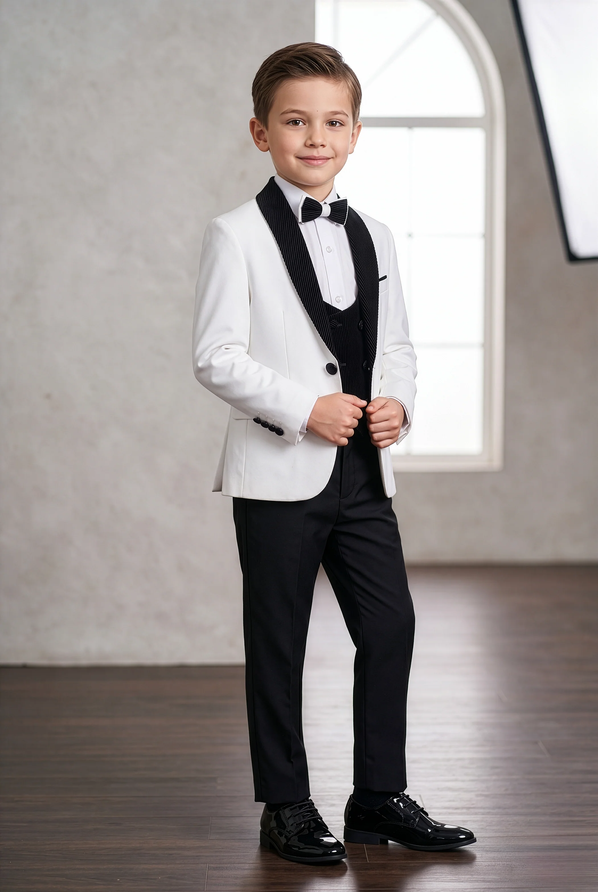 Boys Tuxedo Suit - Corduroy Velvet Waistcoat & shawl lapel - White- Black - Image 3
