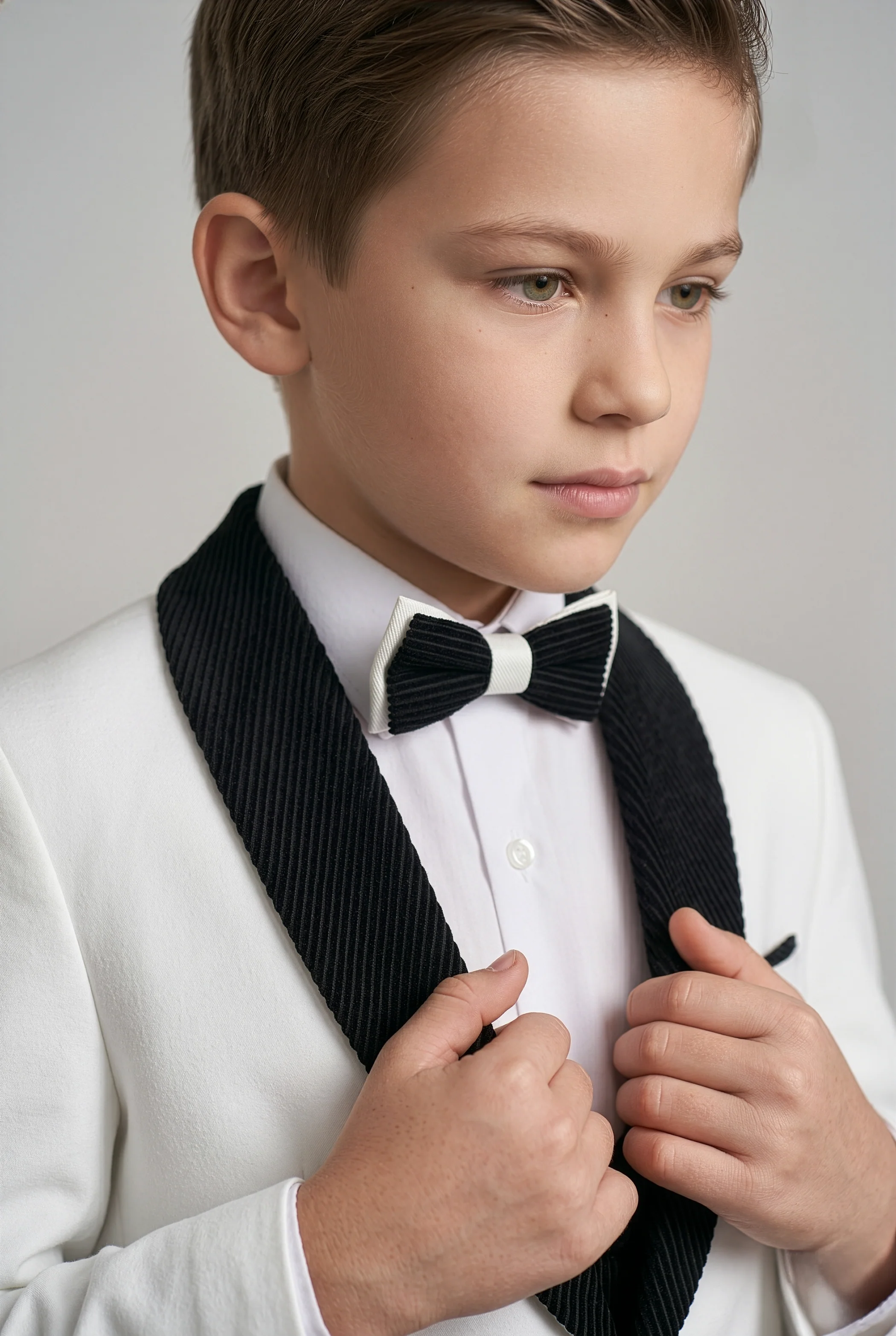 Boys Tuxedo Suit - Corduroy Velvet Waistcoat & shawl lapel - White- Black - Image 4