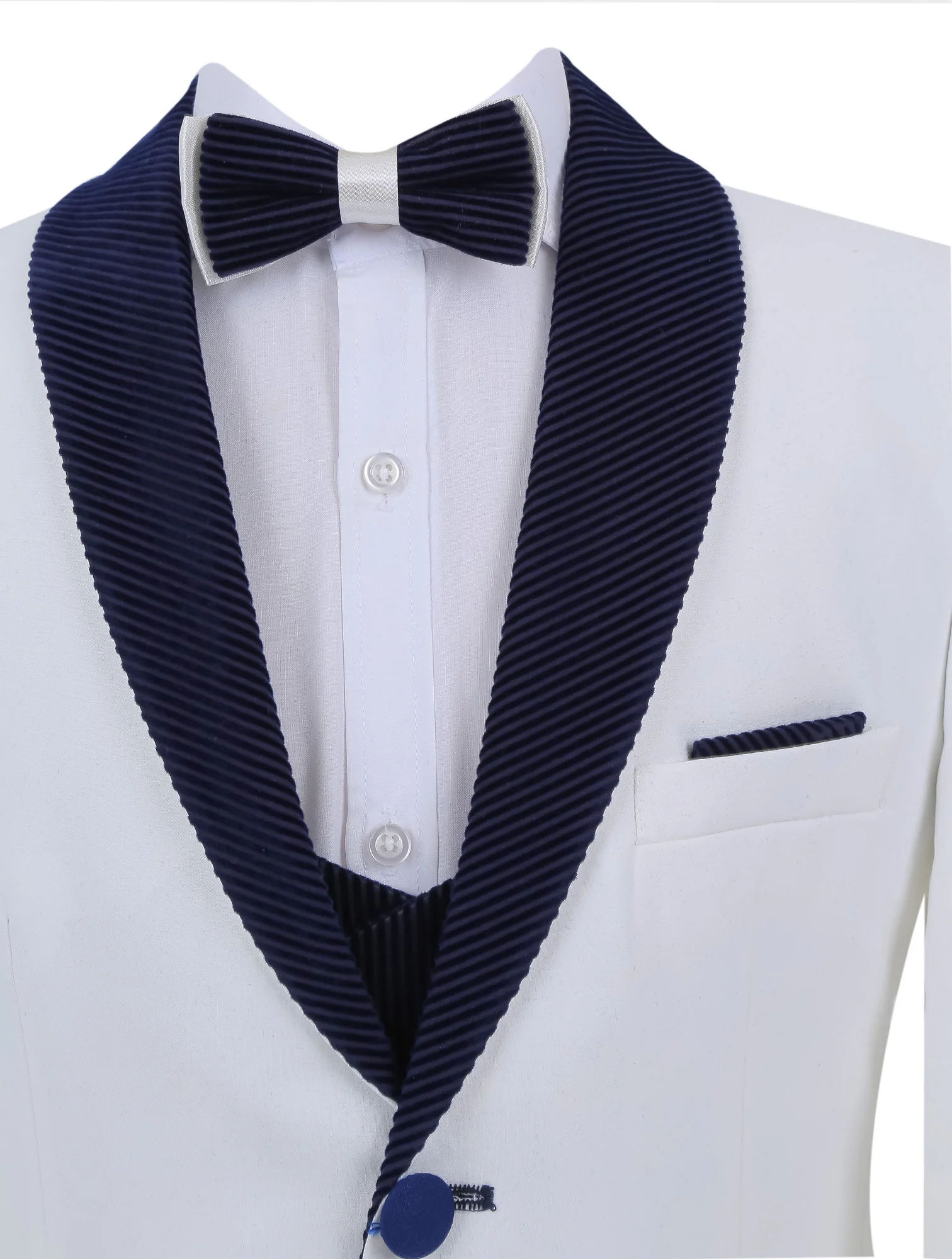 Boys Tuxedo Suit - Corduroy Velvet Waistcoat & shawl lapel - White- Navy Blue - Image 3