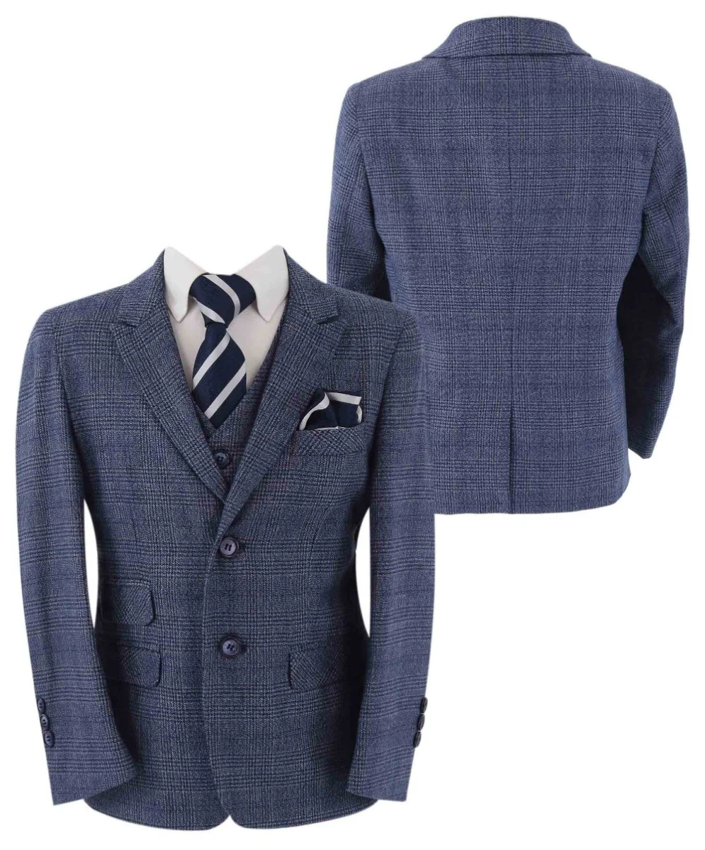 Boys Tweed Check Blue Suit - GRAHAM - Blue - Image 3