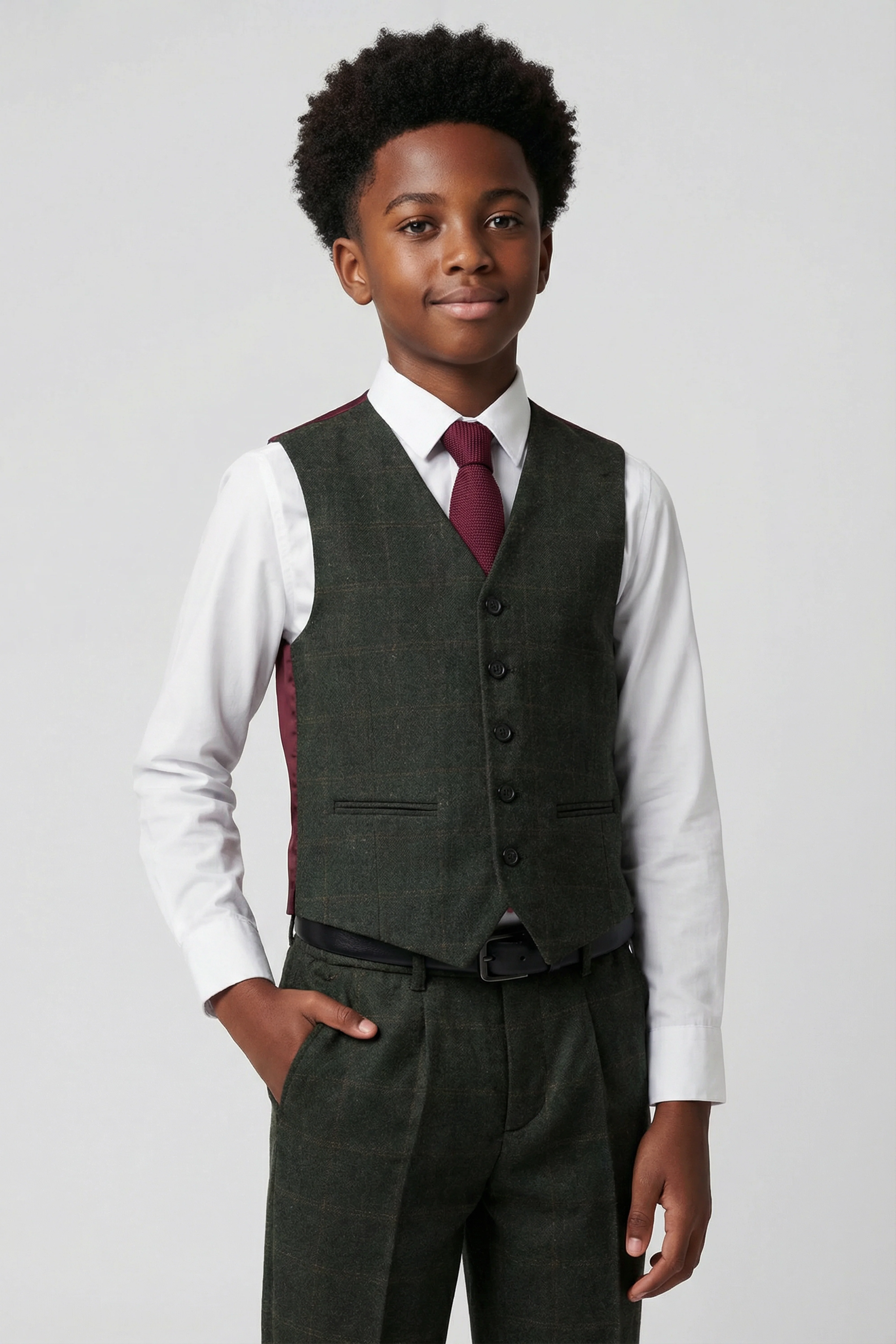 Boys 3-Piece Wool Tweed Windowpane Check Suit - Joshua - Forest Green - Image 3