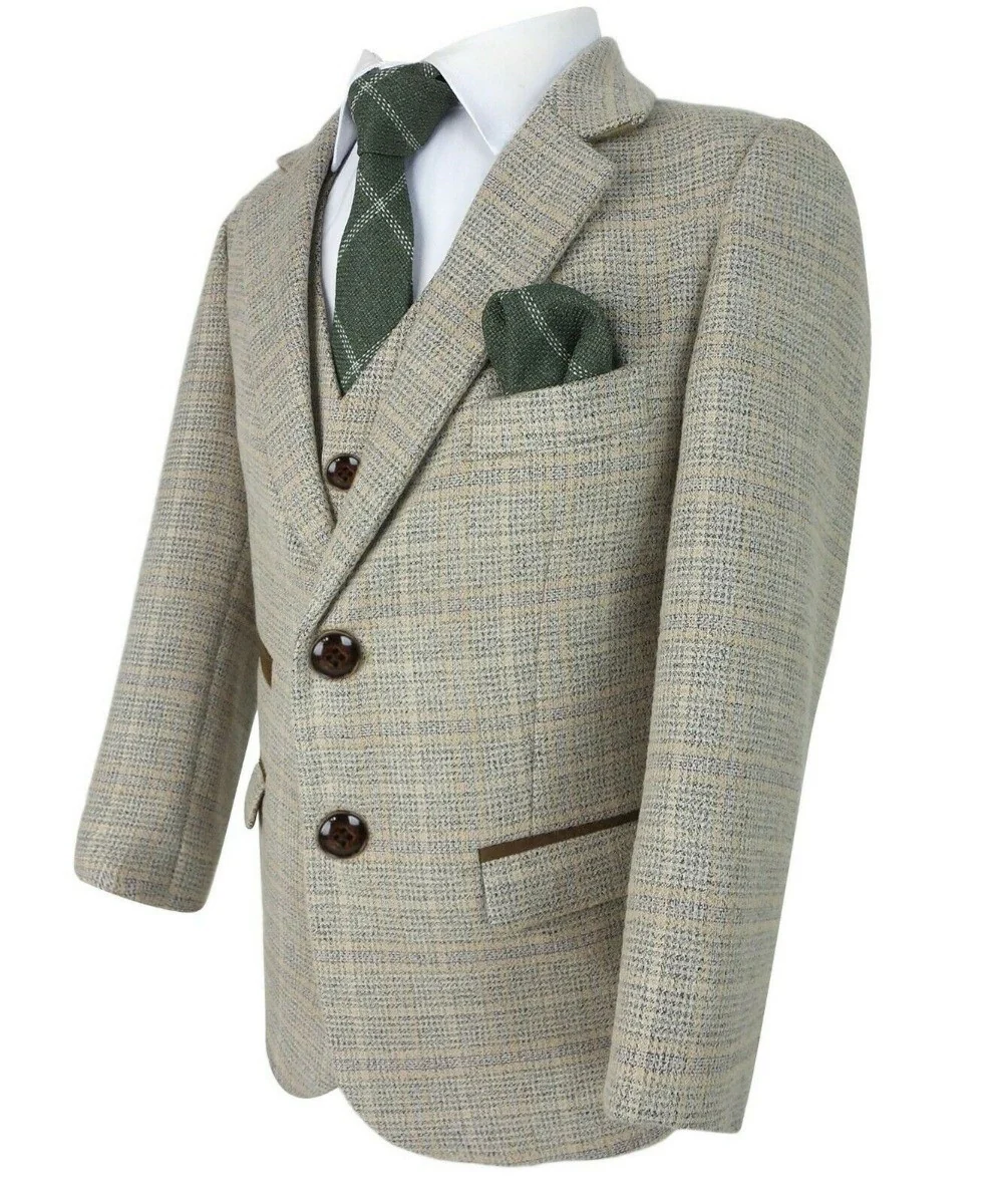 Boys Tweed Check Tailored Fit Beige Formal Suit - HOLLAND - Beige - Brown - Image 5