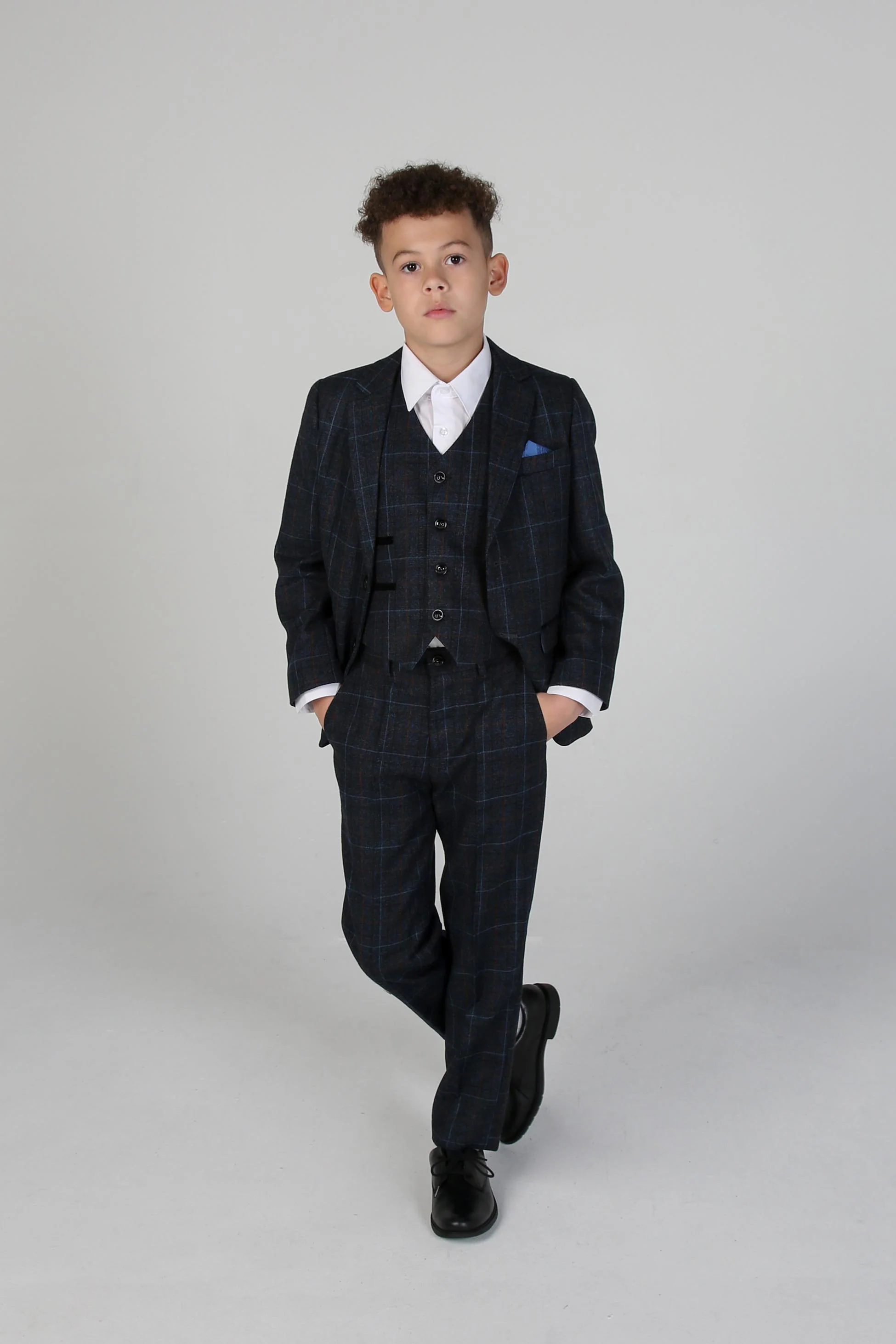 Boys Windowpane Tailored Fit Suit- HARVEY - Navy Blue - Image 3