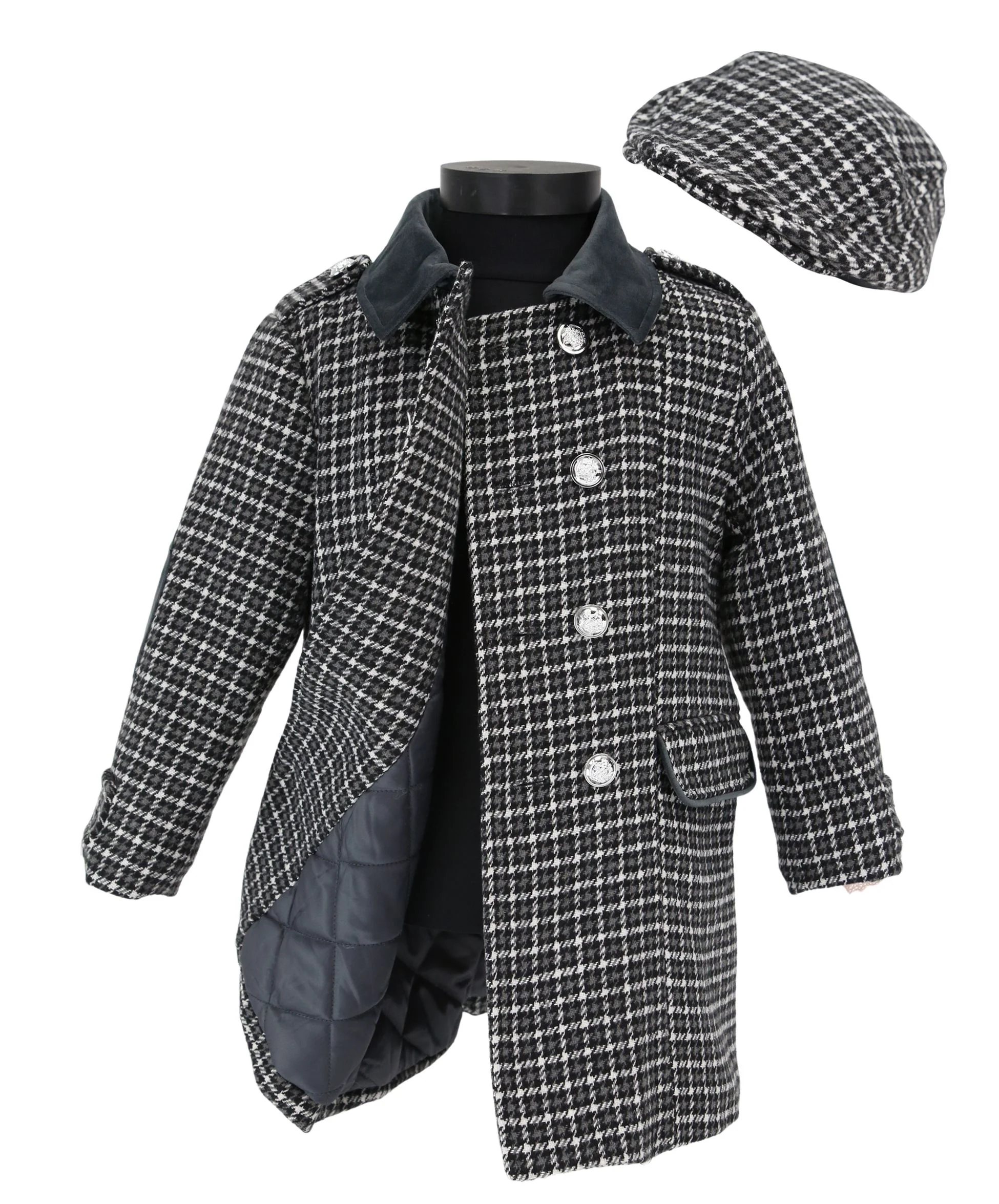 Boys Tweed Houndstooth Pea Coat with Matching Cap - Charcoal Grey - Image 4