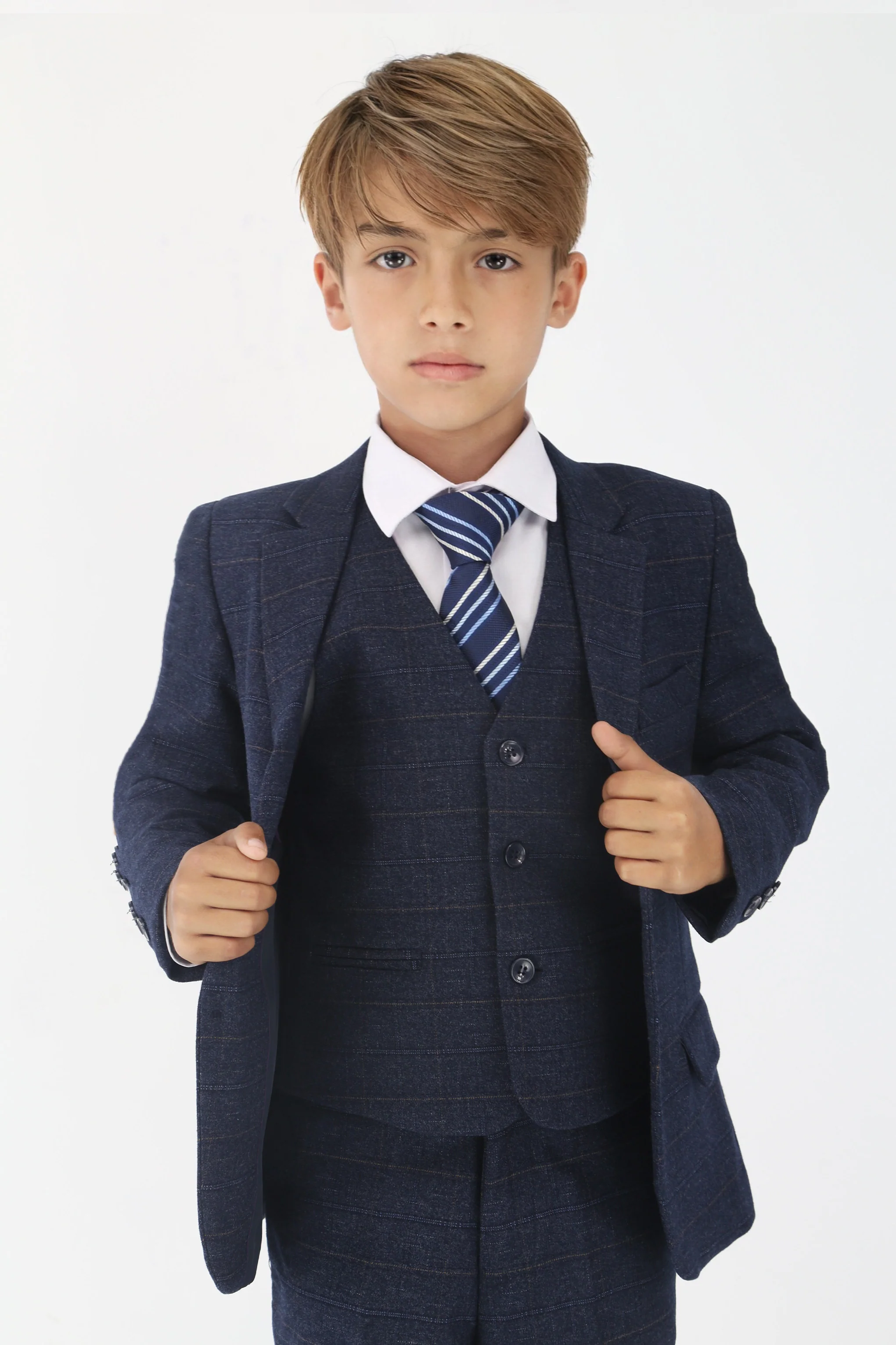 Boys Tweed Like Check Tailored Fit Formal Suit Set - Navy - Image 2