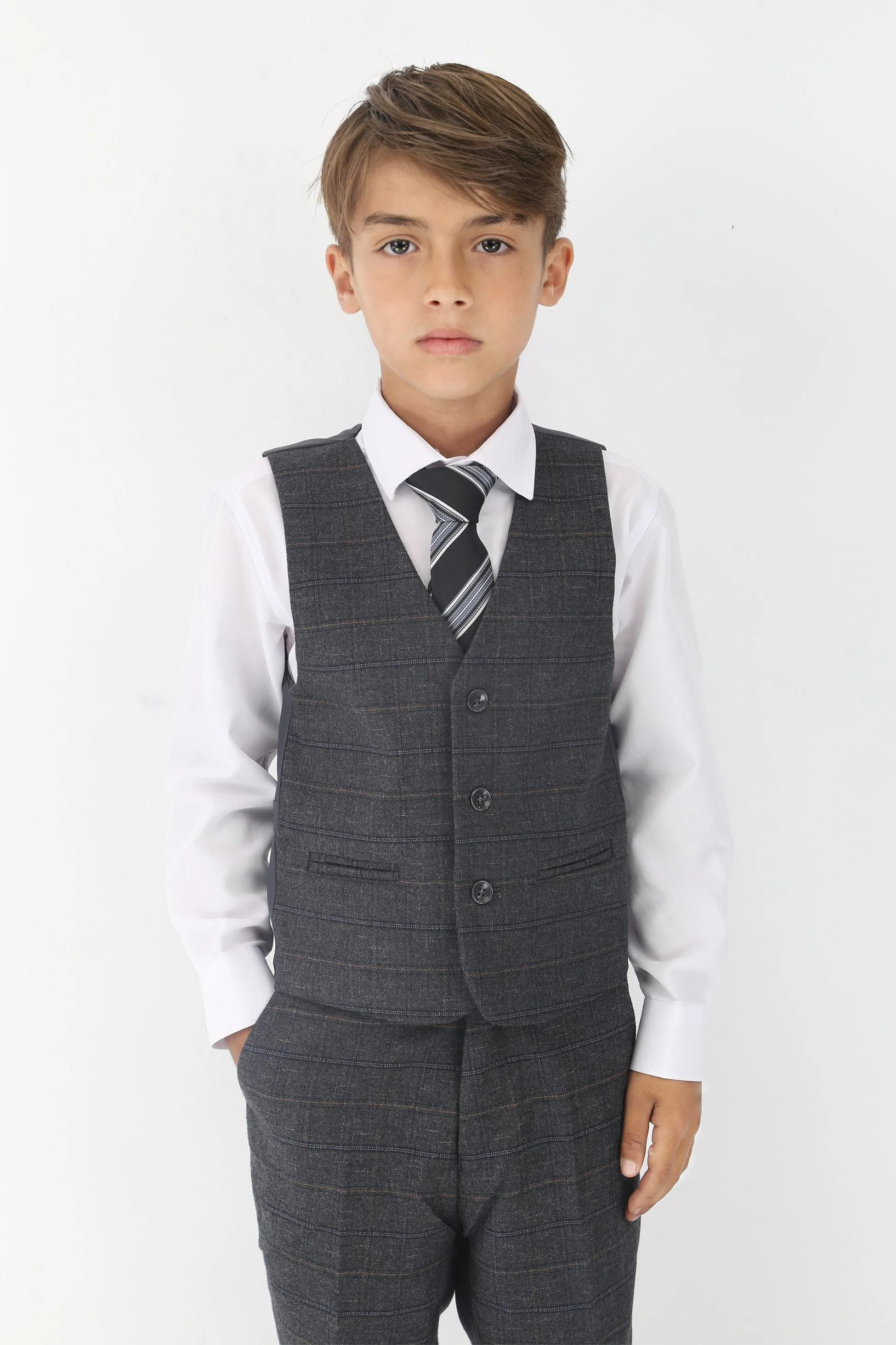 Boys Tweed Like Check Tailored Fit Formal Suit Set - Charcoal Grey - Image 7