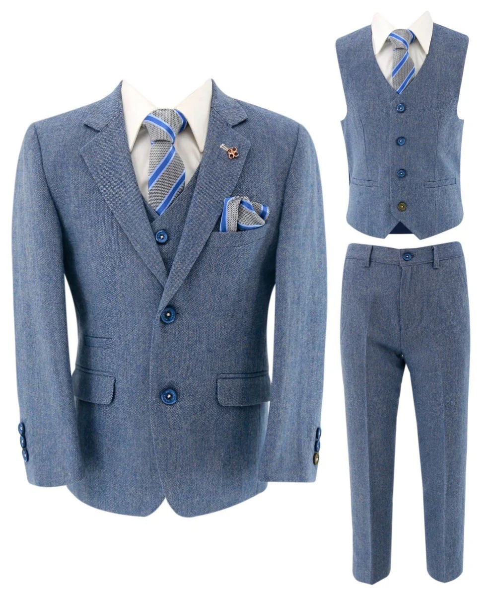 Boys Tweed Slim Fit Suit - WELLS Blue - Light Blue - Image 10
