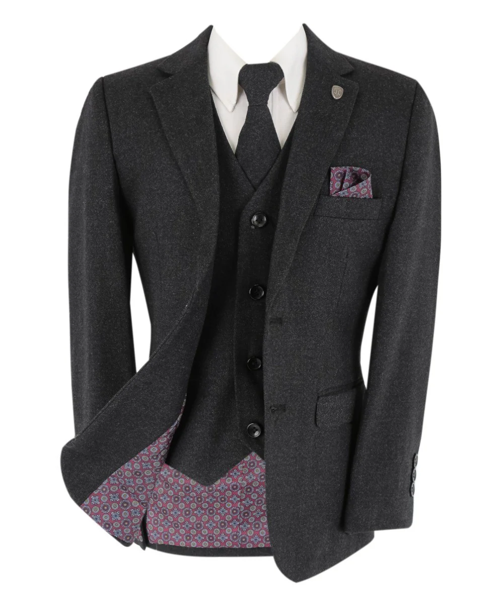 Boys Husky Tweed Tailored Fit Grey Suit - ADAM - Dark Grey - Image 5