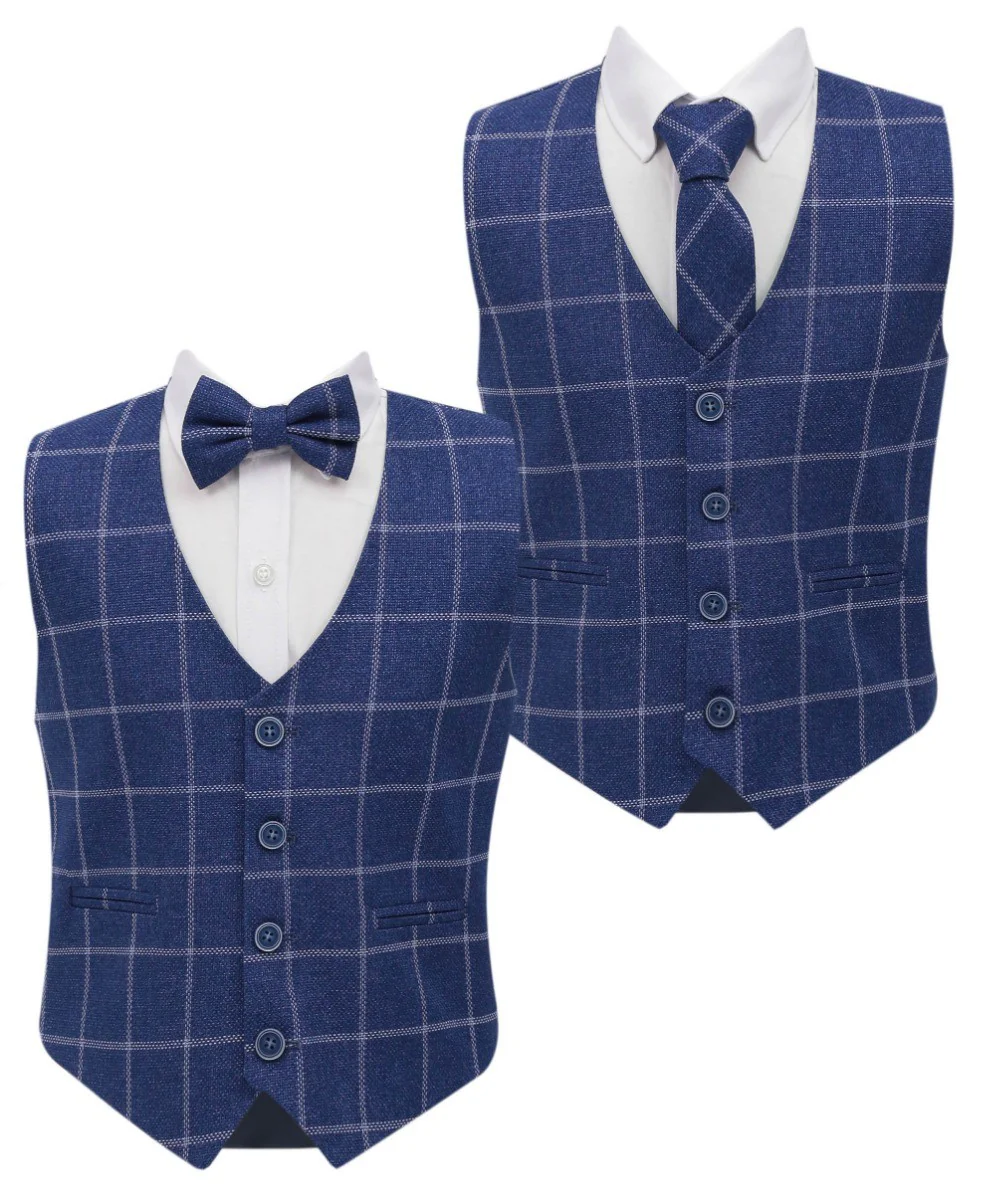 Boys Tweed Check Cotton Waistcoat Set - Blue - Image 3