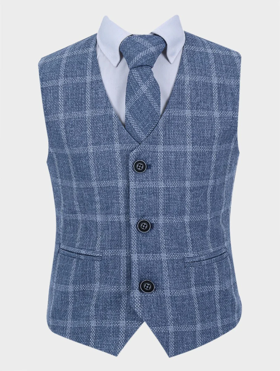 Boys Tweed Windowpane Check Cotton Waistcoat - Blue - Grey - Image 3