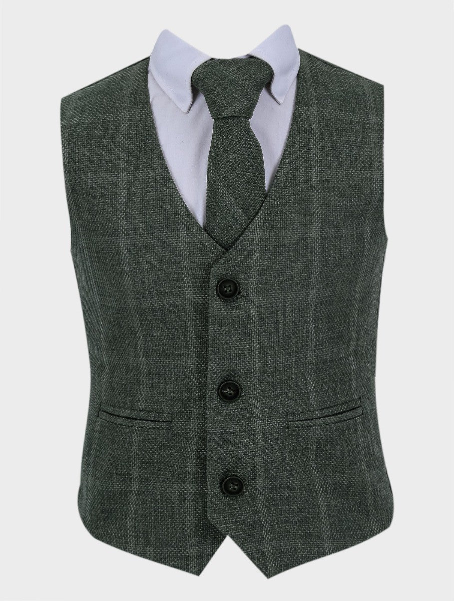 Boys Tweed Windowpane Check Cotton Waistcoat - Green - Image 3