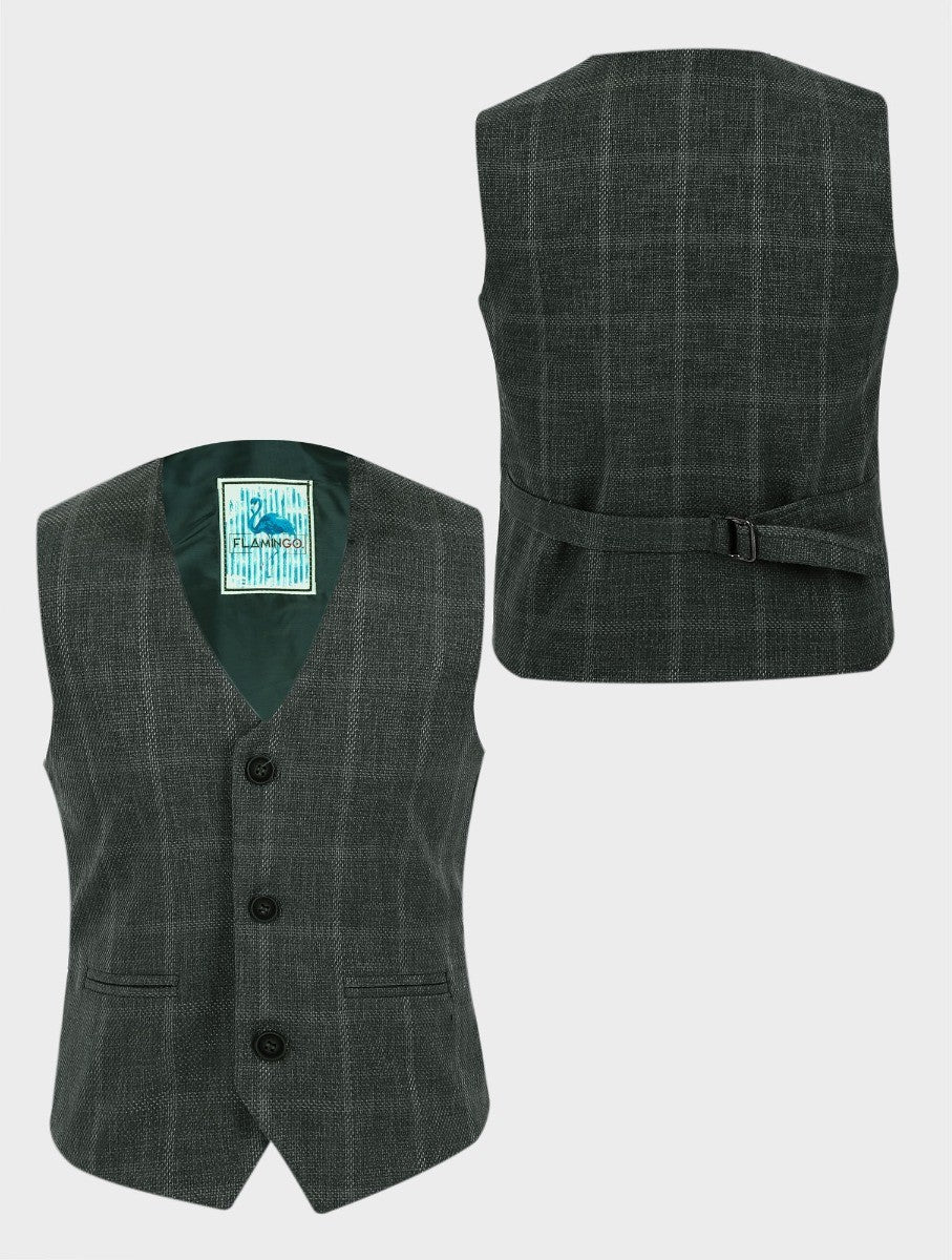 Boys Tweed Windowpane Check Cotton Waistcoat - Green - Image 4