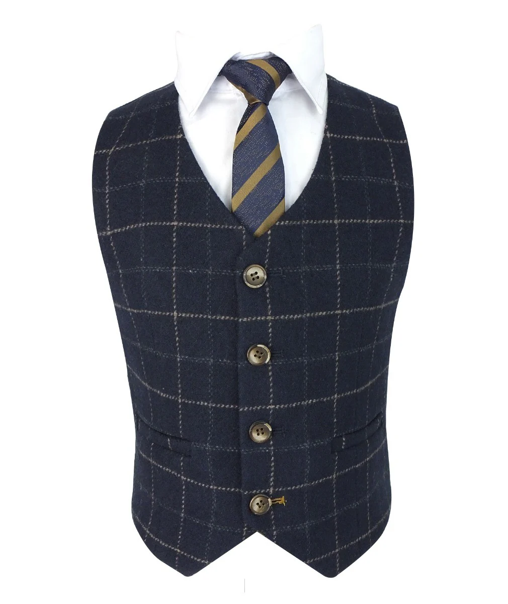 Boys Tweed Windowpane Check Slim Fit Suit - SHELBY - Navy Blue - Image 5